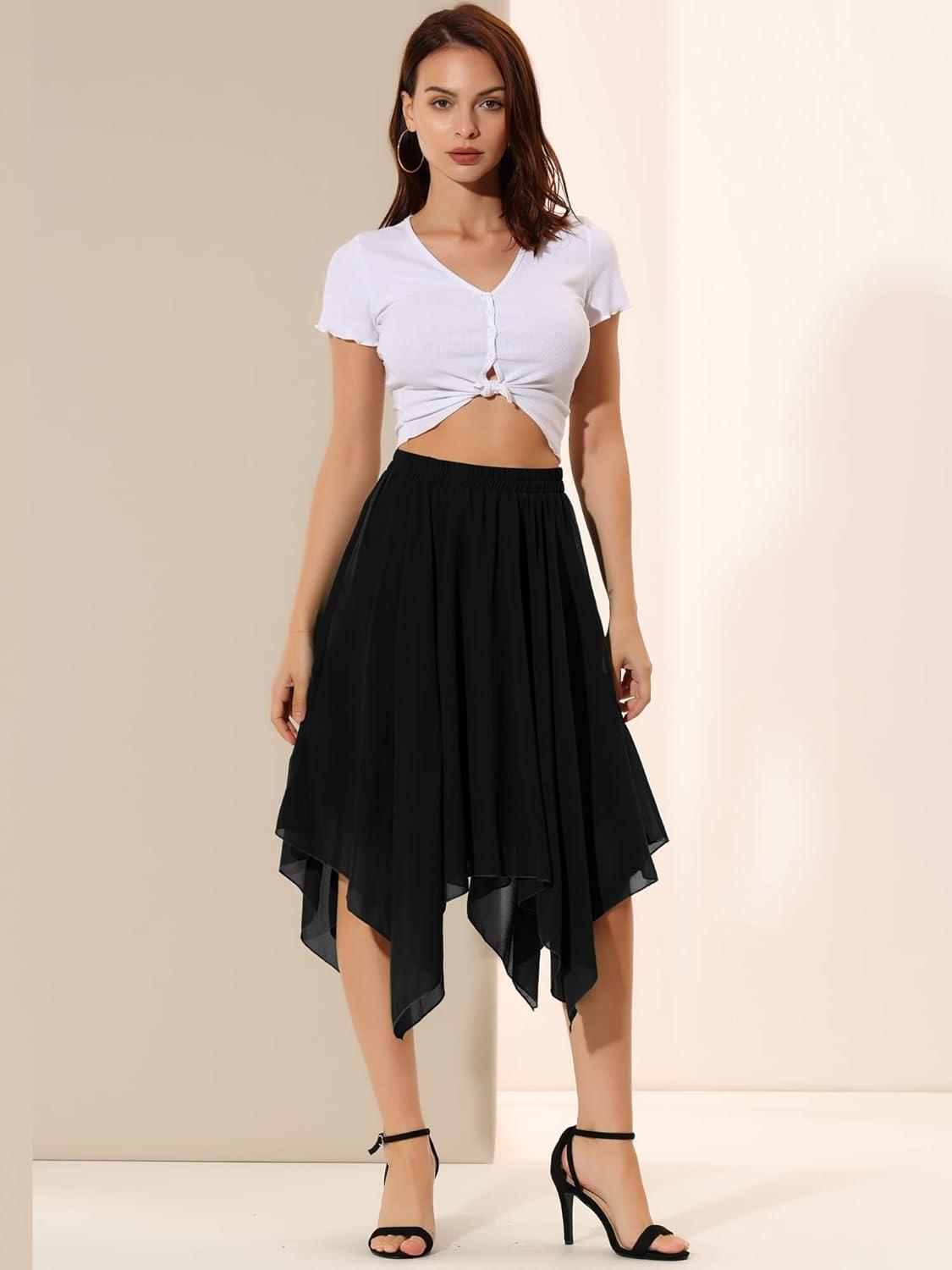 imageAllegra K Womens Asymmetrical Hem Elastic Waist Chiffon Flowy Vintage Handkerchief Hemline Midi SkirtBlack