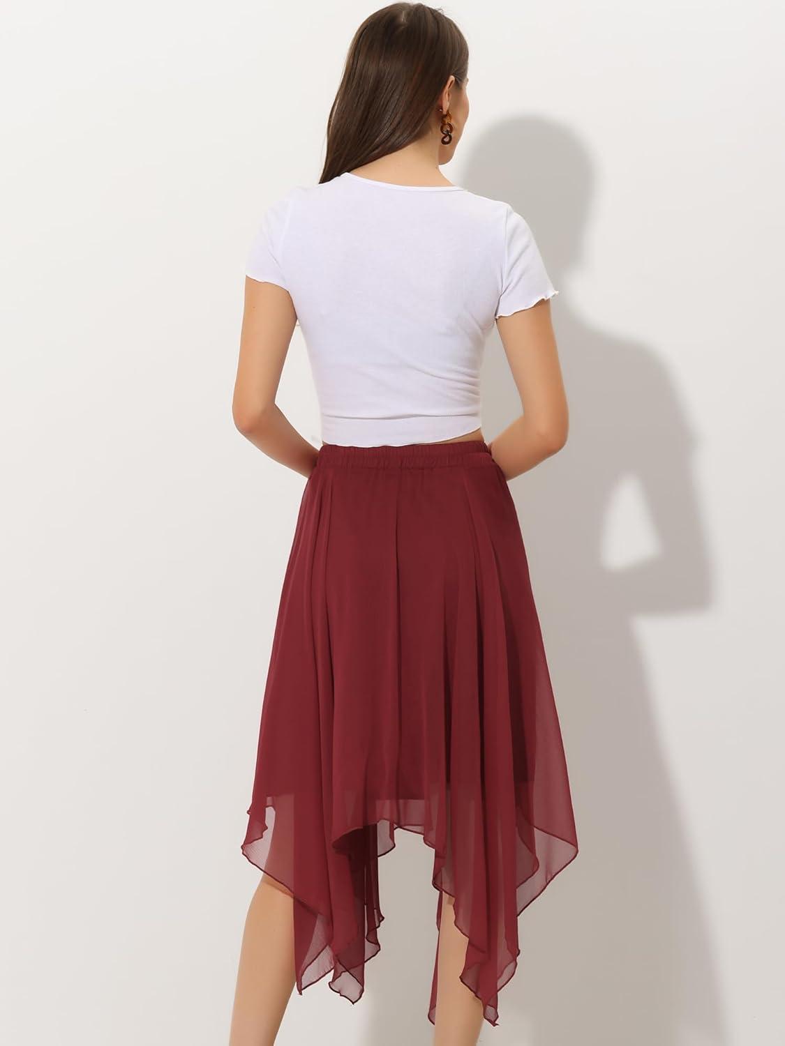 imageAllegra K Womens Asymmetrical Hem Elastic Waist Chiffon Flowy Vintage Handkerchief Hemline Midi SkirtBurgundy