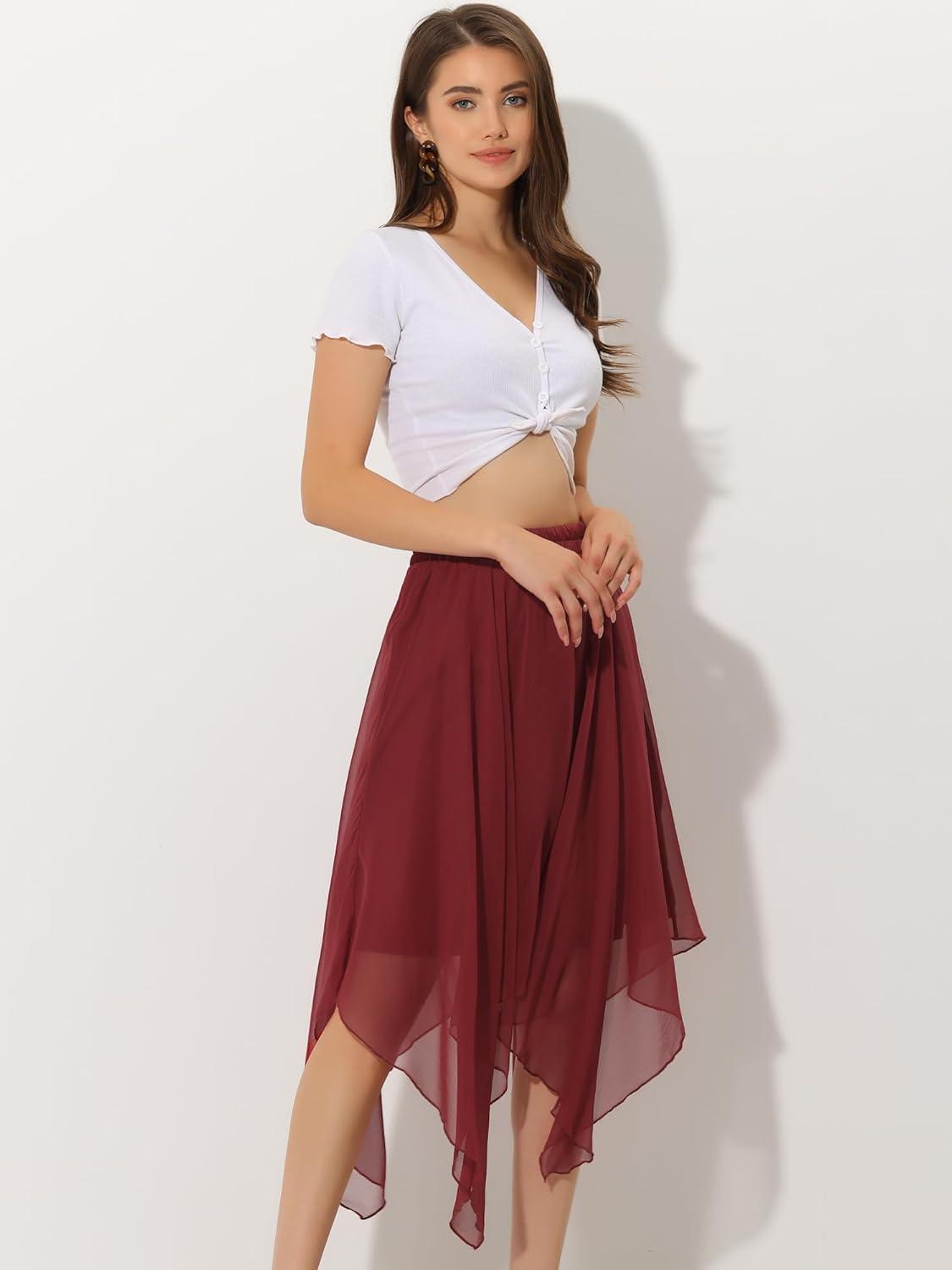imageAllegra K Womens Asymmetrical Hem Elastic Waist Chiffon Flowy Vintage Handkerchief Hemline Midi SkirtBurgundy