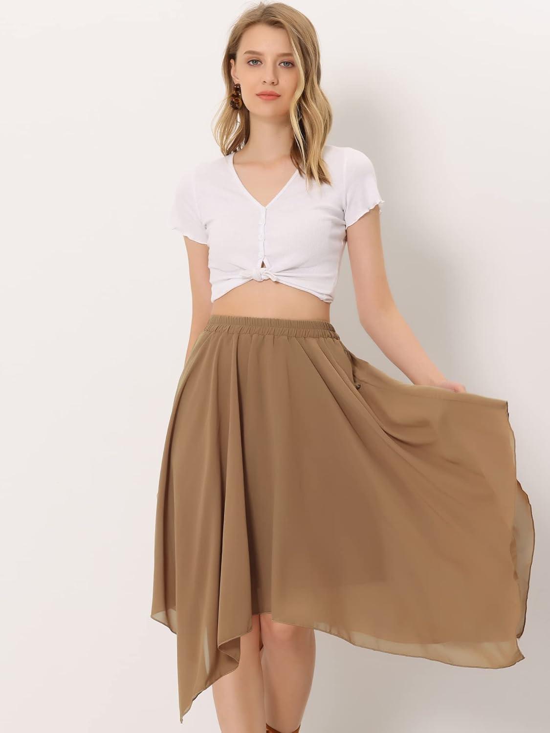 imageAllegra K Womens Asymmetrical Hem Elastic Waist Chiffon Flowy Vintage Handkerchief Hemline Midi SkirtCamel