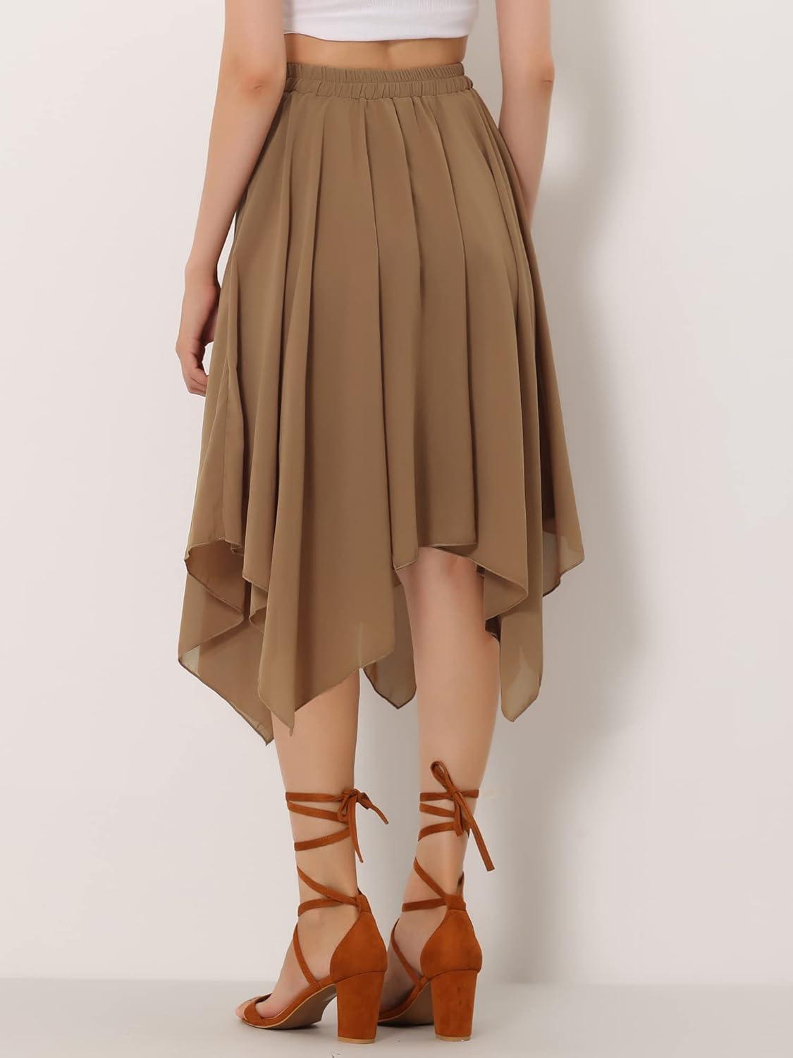 imageAllegra K Womens Asymmetrical Hem Elastic Waist Chiffon Flowy Vintage Handkerchief Hemline Midi SkirtCamel