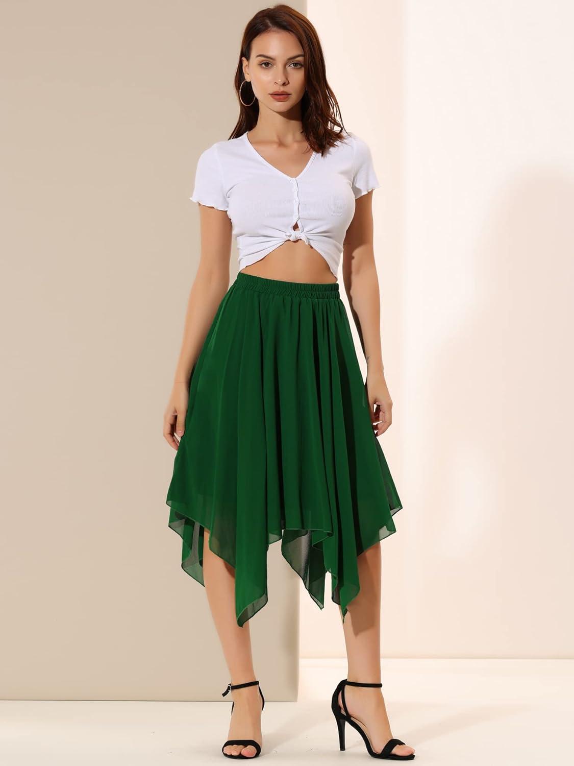 imageAllegra K Womens Asymmetrical Hem Elastic Waist Chiffon Flowy Vintage Handkerchief Hemline Midi SkirtGreen