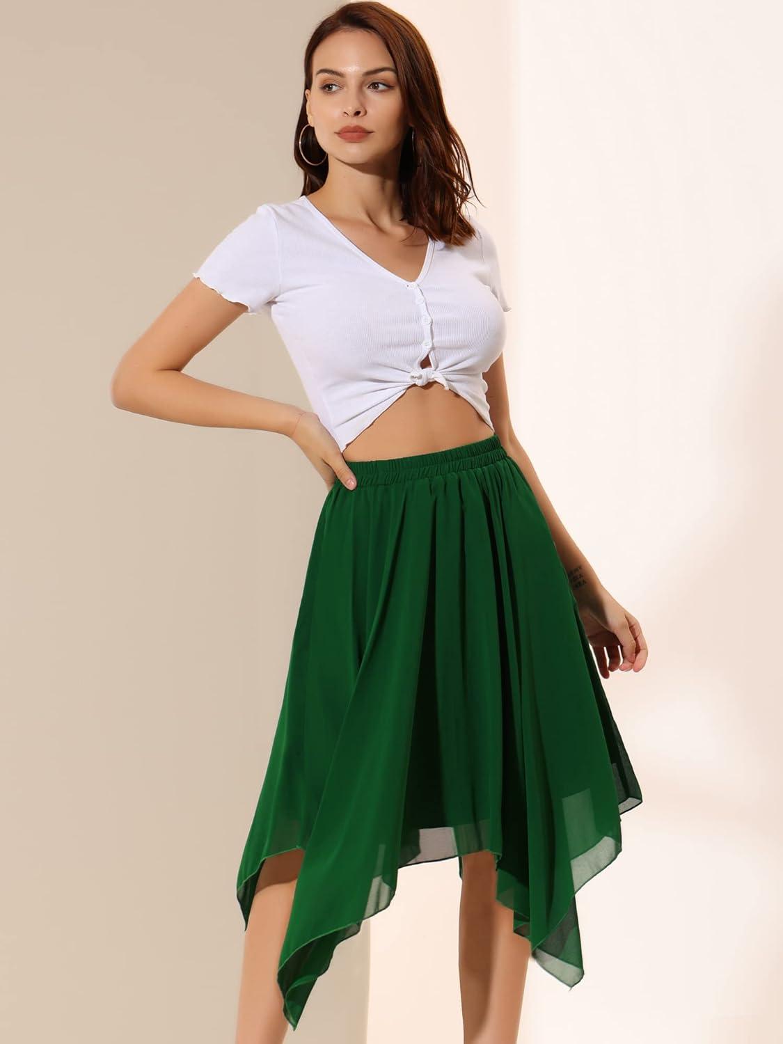 imageAllegra K Womens Asymmetrical Hem Elastic Waist Chiffon Flowy Vintage Handkerchief Hemline Midi SkirtGreen