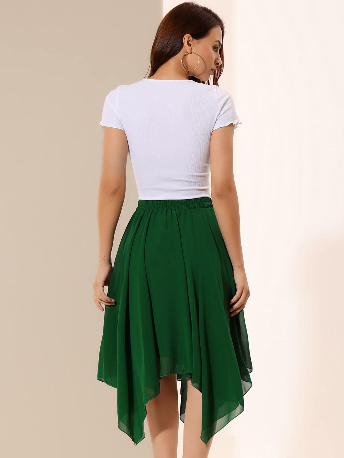 imageAllegra K Womens Asymmetrical Hem Elastic Waist Chiffon Flowy Vintage Handkerchief Hemline Midi SkirtGreen