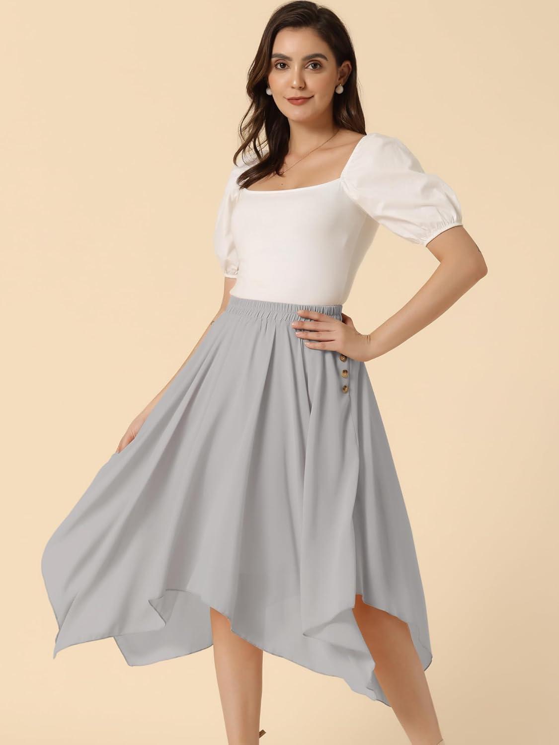 imageAllegra K Womens Asymmetrical Hem Elastic Waist Chiffon Flowy Vintage Handkerchief Hemline Midi SkirtLight Gray