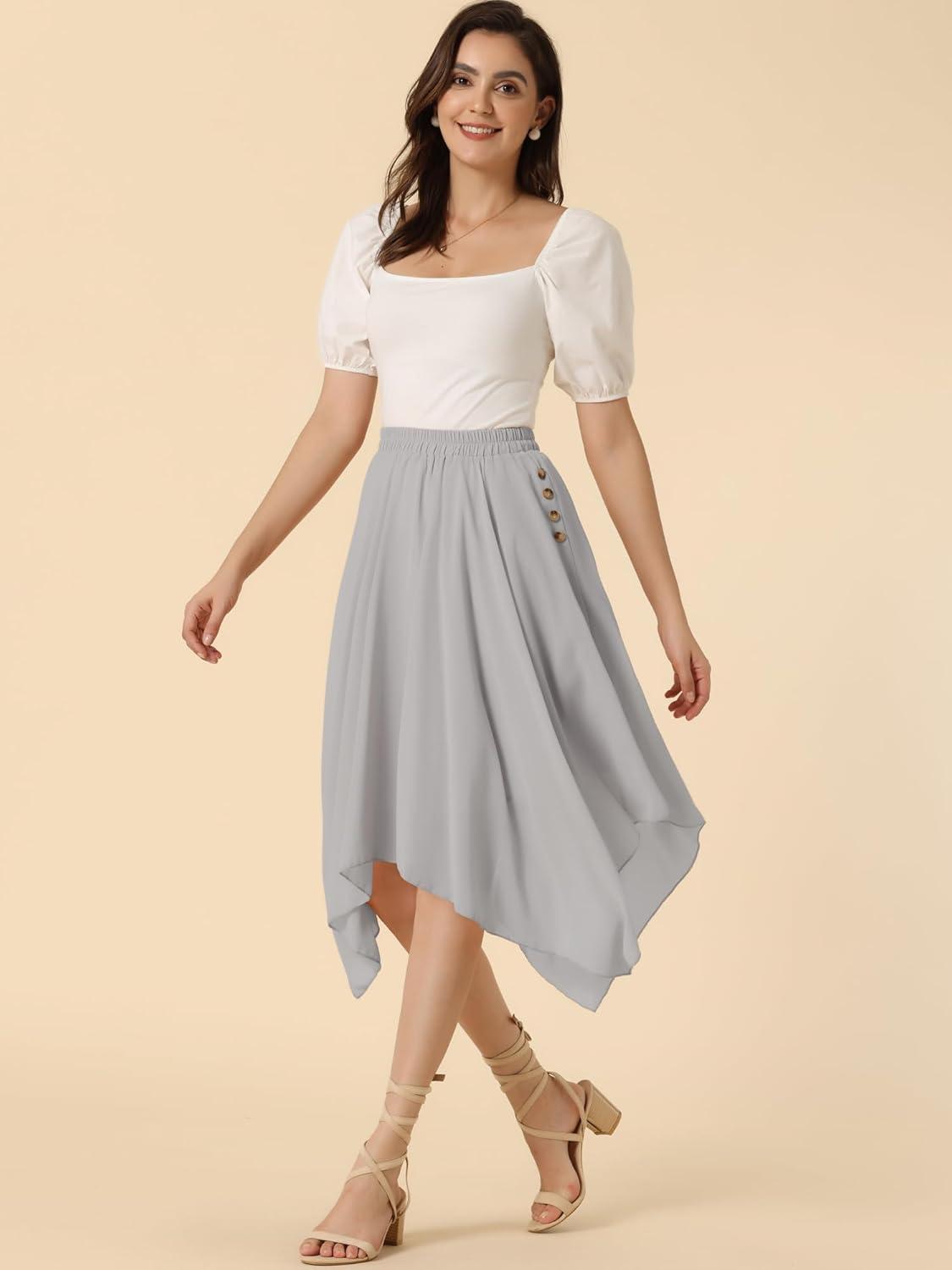 imageAllegra K Womens Asymmetrical Hem Elastic Waist Chiffon Flowy Vintage Handkerchief Hemline Midi SkirtLight Gray