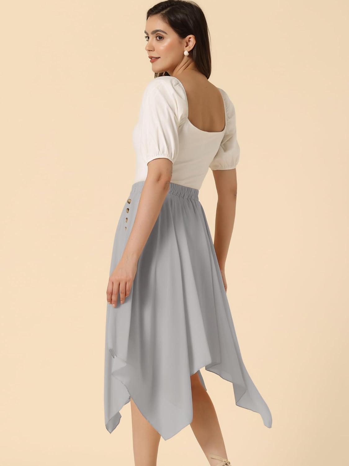 imageAllegra K Womens Asymmetrical Hem Elastic Waist Chiffon Flowy Vintage Handkerchief Hemline Midi SkirtLight Gray