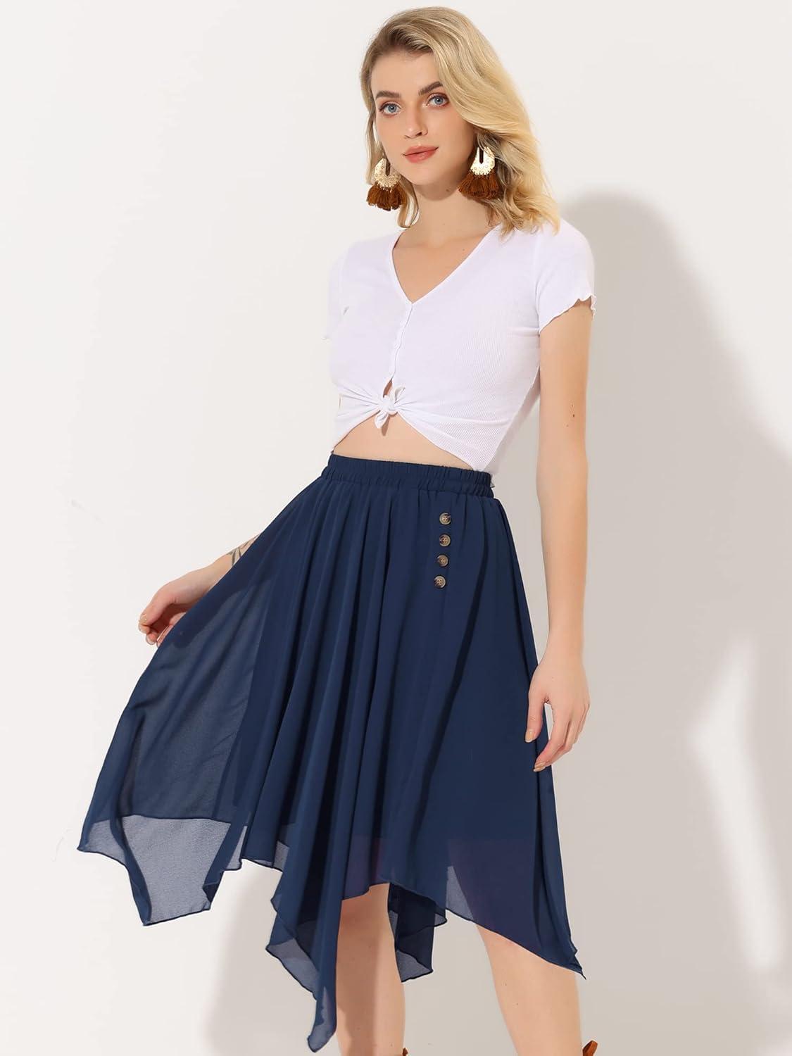 imageAllegra K Womens Asymmetrical Hem Elastic Waist Chiffon Flowy Vintage Handkerchief Hemline Midi SkirtNavy Blue