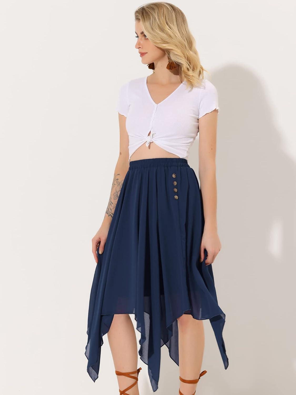 imageAllegra K Womens Asymmetrical Hem Elastic Waist Chiffon Flowy Vintage Handkerchief Hemline Midi SkirtNavy Blue