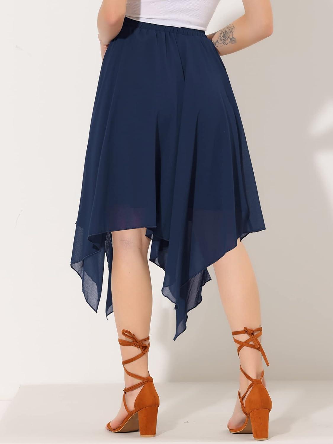 imageAllegra K Womens Asymmetrical Hem Elastic Waist Chiffon Flowy Vintage Handkerchief Hemline Midi SkirtNavy Blue