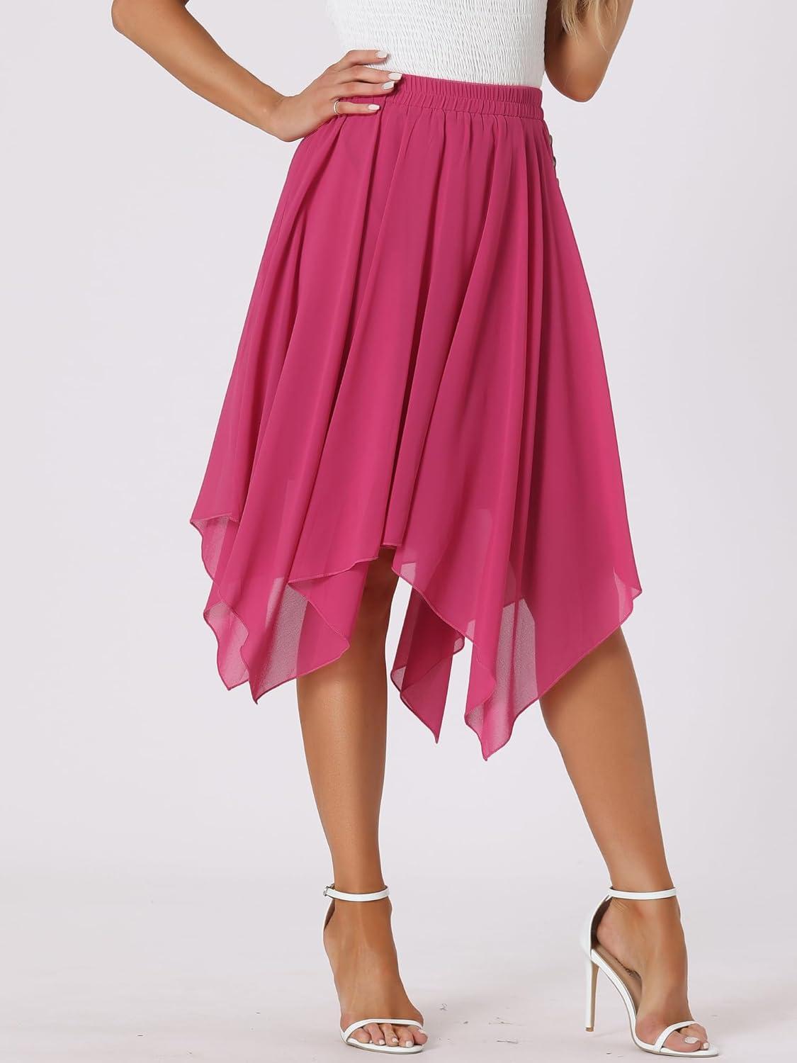imageAllegra K Womens Asymmetrical Hem Elastic Waist Chiffon Flowy Vintage Handkerchief Hemline Midi SkirtRose Red