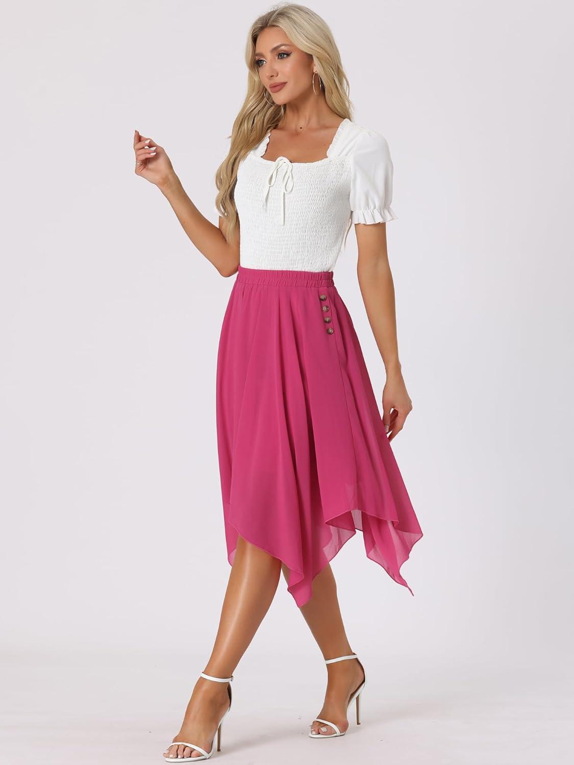 imageAllegra K Womens Asymmetrical Hem Elastic Waist Chiffon Flowy Vintage Handkerchief Hemline Midi SkirtRose Red