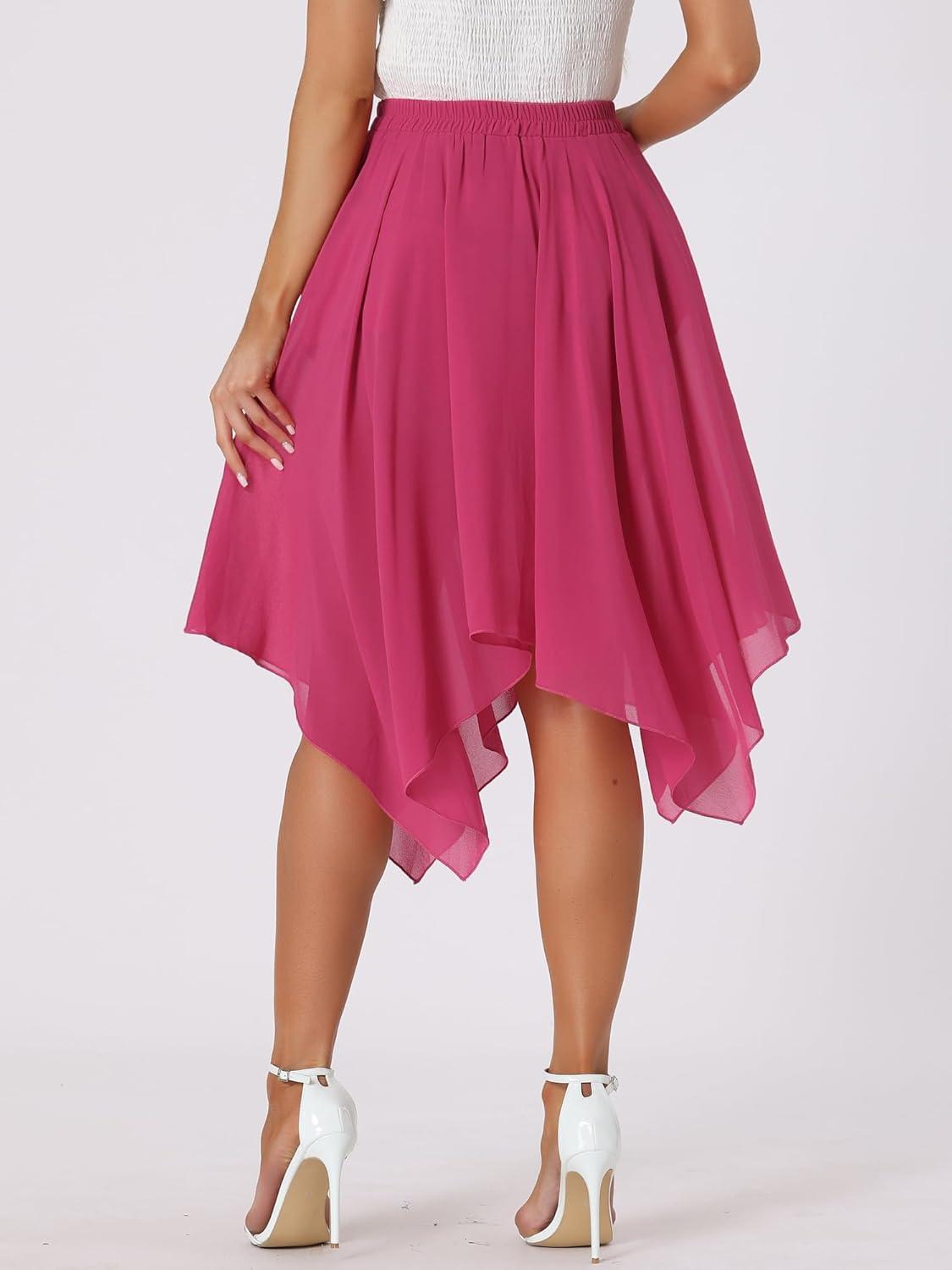 imageAllegra K Womens Asymmetrical Hem Elastic Waist Chiffon Flowy Vintage Handkerchief Hemline Midi SkirtRose Red