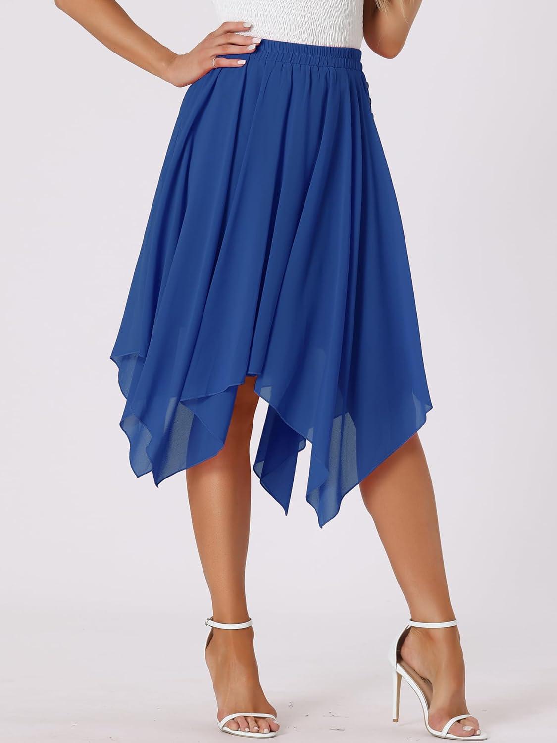 imageAllegra K Womens Asymmetrical Hem Elastic Waist Chiffon Flowy Vintage Handkerchief Hemline Midi SkirtRoyal Blue