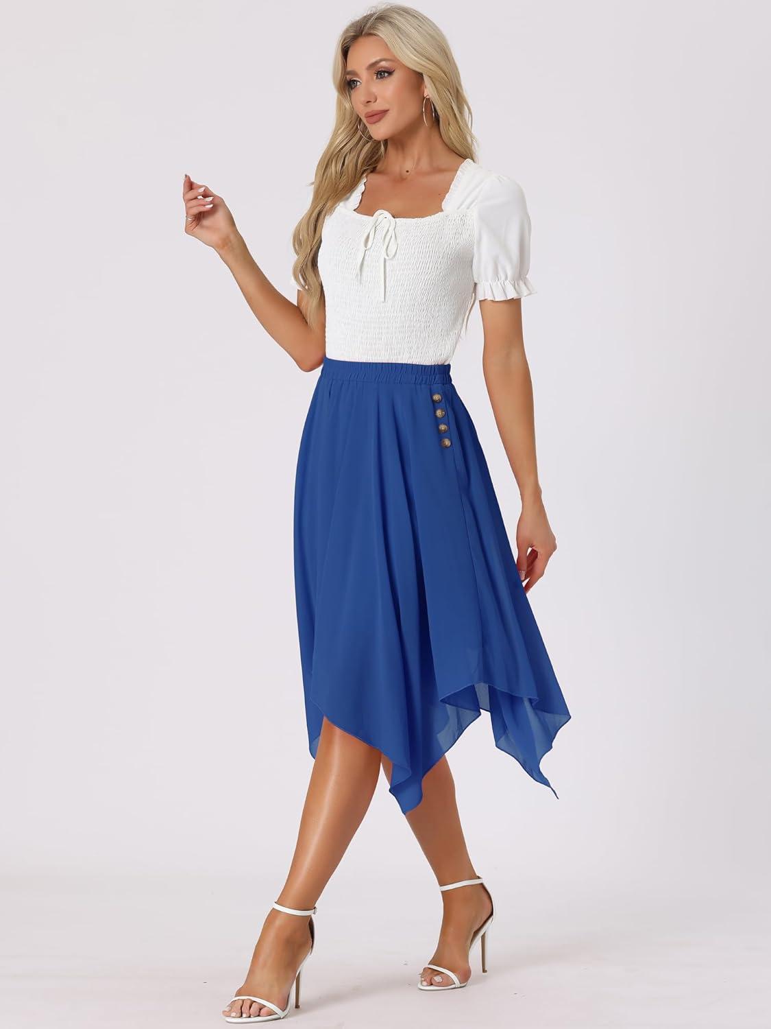 imageAllegra K Womens Asymmetrical Hem Elastic Waist Chiffon Flowy Vintage Handkerchief Hemline Midi SkirtRoyal Blue