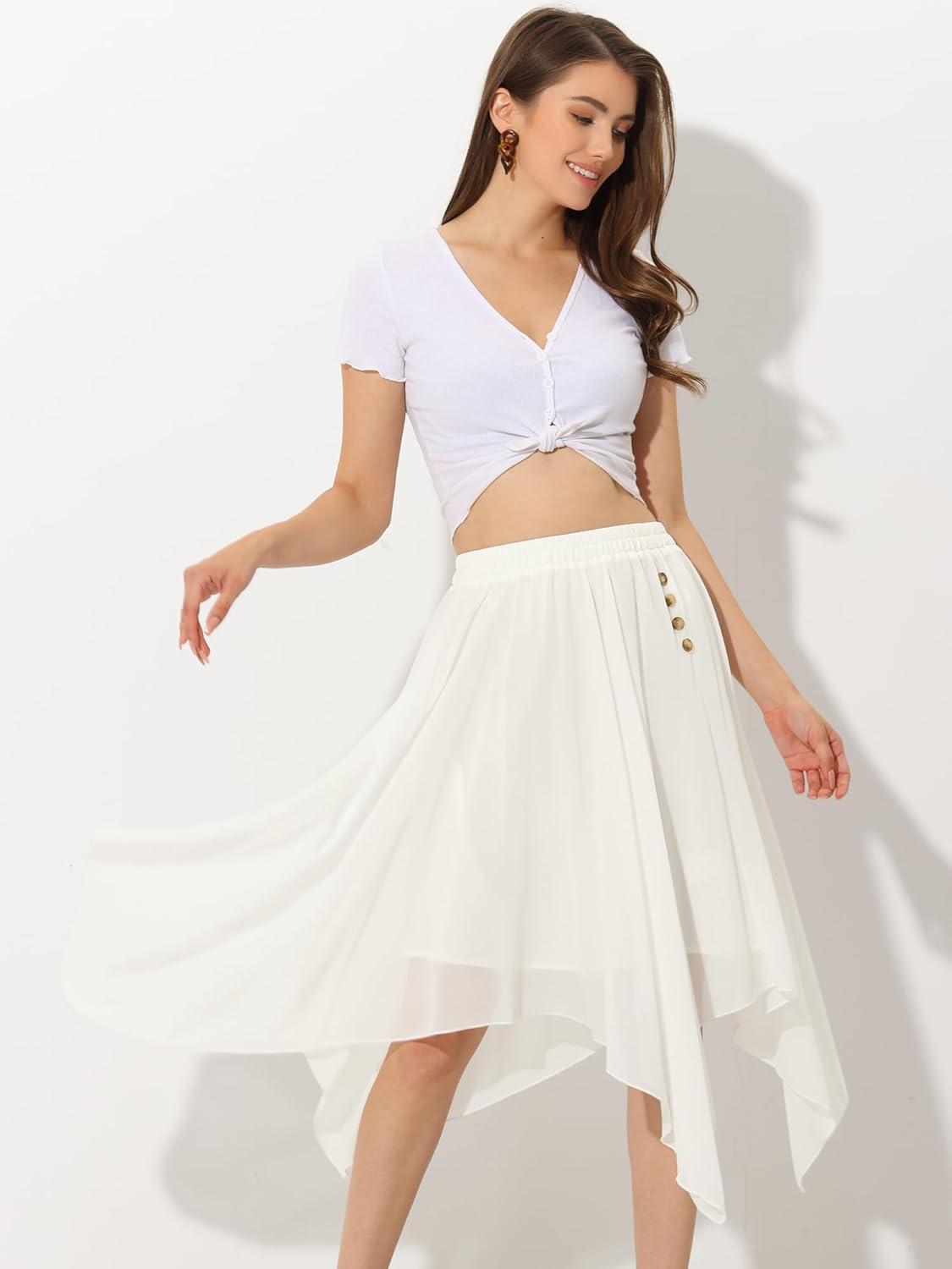 imageAllegra K Womens Asymmetrical Hem Elastic Waist Chiffon Flowy Vintage Handkerchief Hemline Midi SkirtWhite