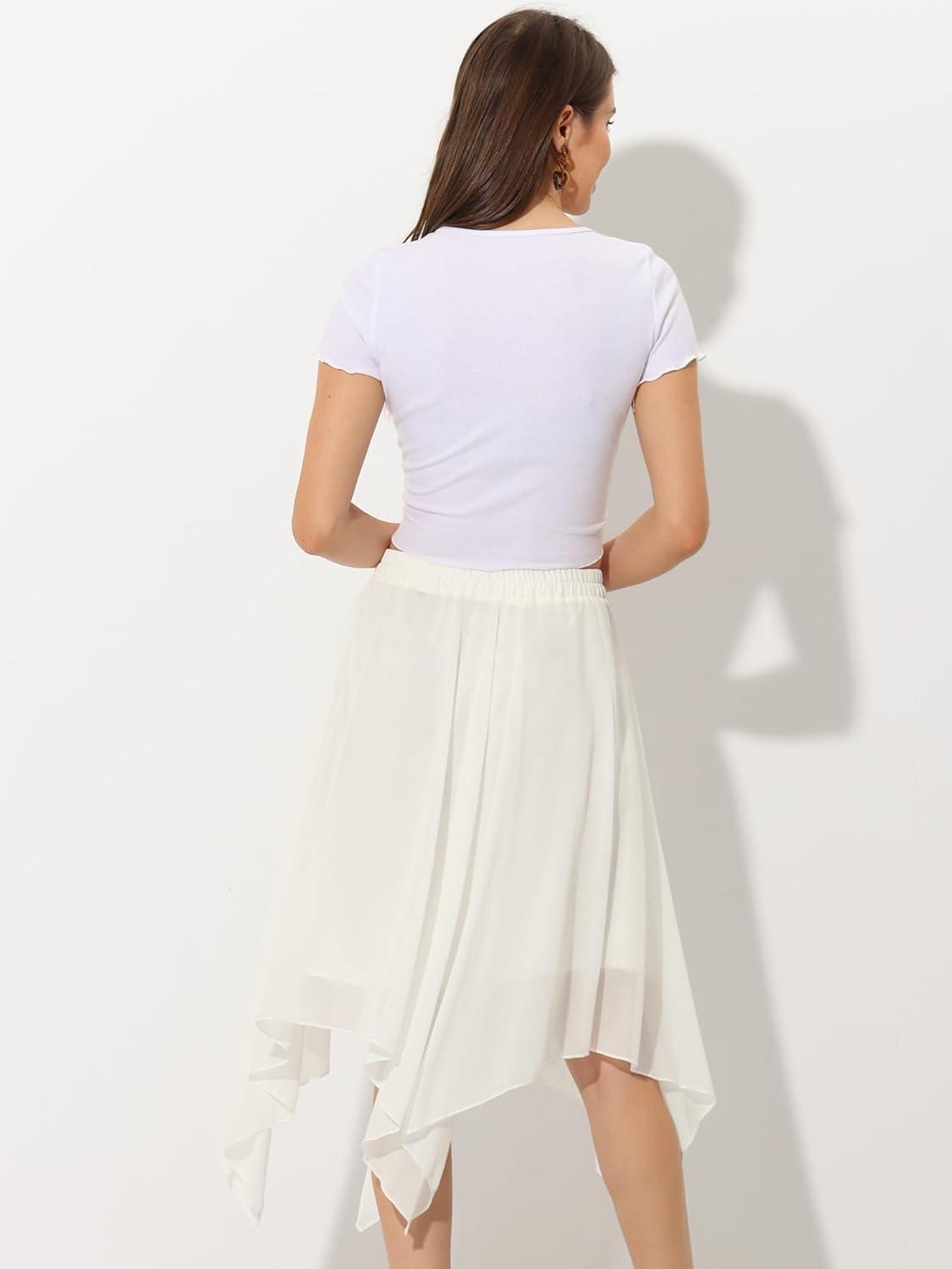 imageAllegra K Womens Asymmetrical Hem Elastic Waist Chiffon Flowy Vintage Handkerchief Hemline Midi SkirtWhite