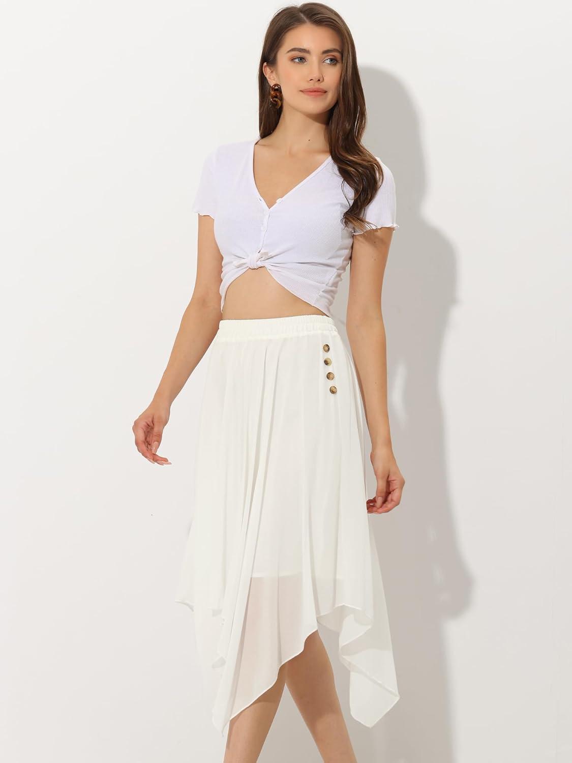 imageAllegra K Womens Asymmetrical Hem Elastic Waist Chiffon Flowy Vintage Handkerchief Hemline Midi SkirtWhite