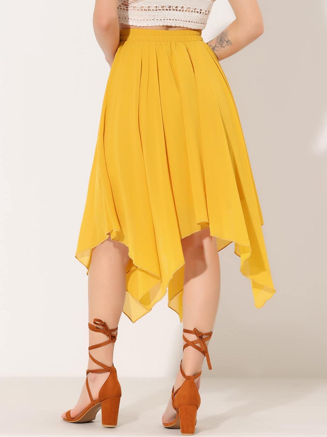 imageAllegra K Womens Asymmetrical Hem Elastic Waist Chiffon Flowy Vintage Handkerchief Hemline Midi SkirtYellow
