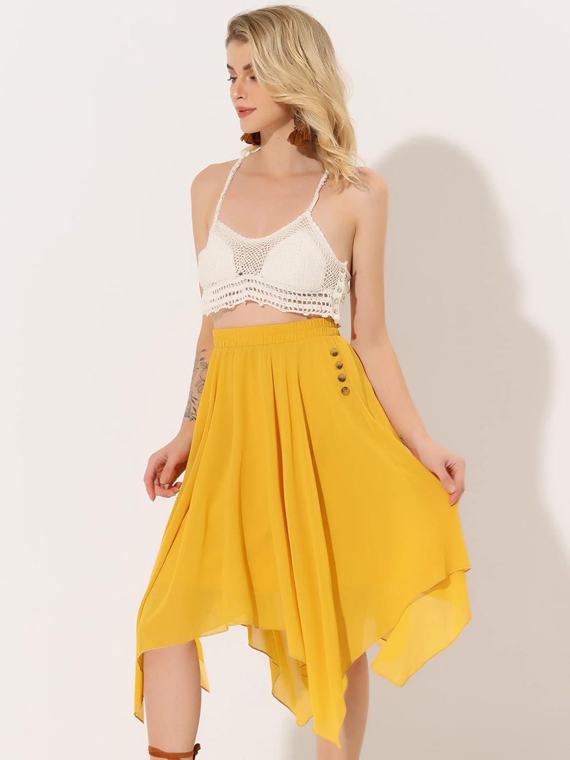 imageAllegra K Womens Asymmetrical Hem Elastic Waist Chiffon Flowy Vintage Handkerchief Hemline Midi SkirtYellow