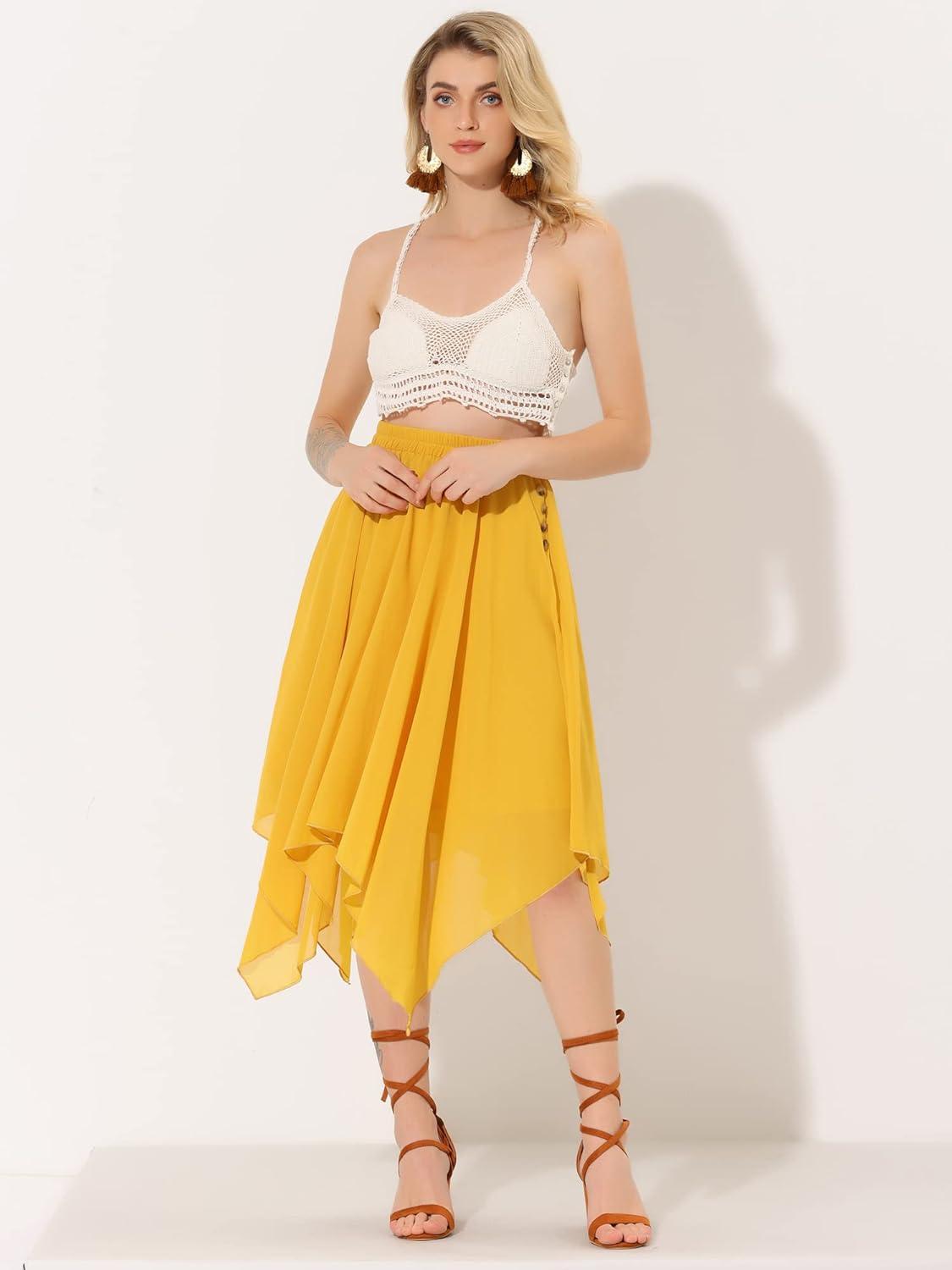 imageAllegra K Womens Asymmetrical Hem Elastic Waist Chiffon Flowy Vintage Handkerchief Hemline Midi SkirtYellow