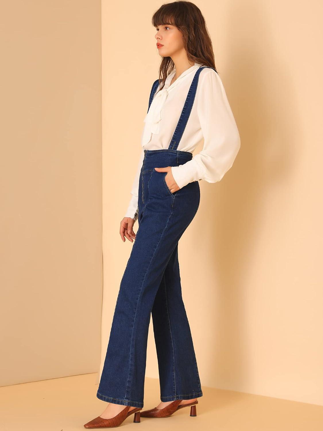 imageAllegra K Womens Bell Bottoms Overalls Long Vintage Flare Jeans Denim PantsDark Blue
