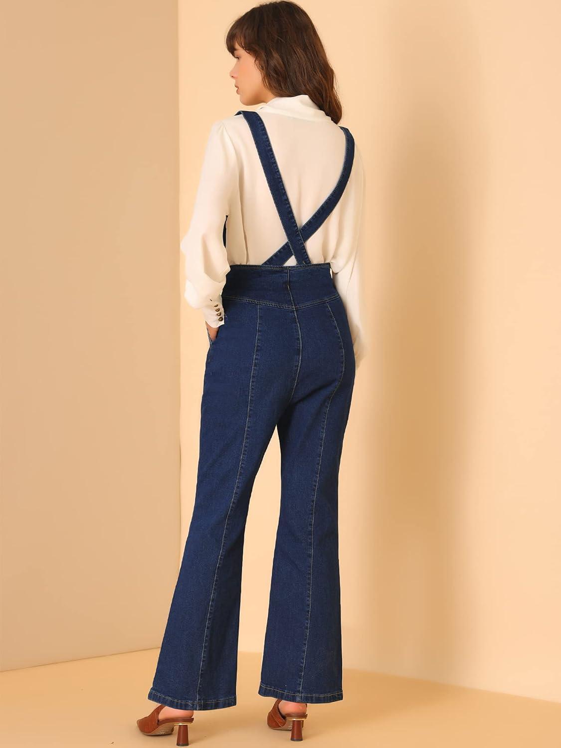 imageAllegra K Womens Bell Bottoms Overalls Long Vintage Flare Jeans Denim PantsDark Blue