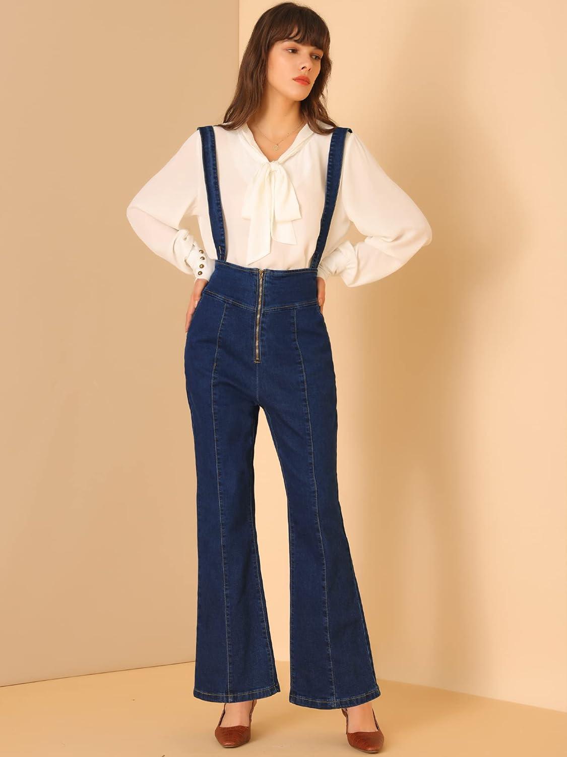 imageAllegra K Womens Bell Bottoms Overalls Long Vintage Flare Jeans Denim PantsDark Blue