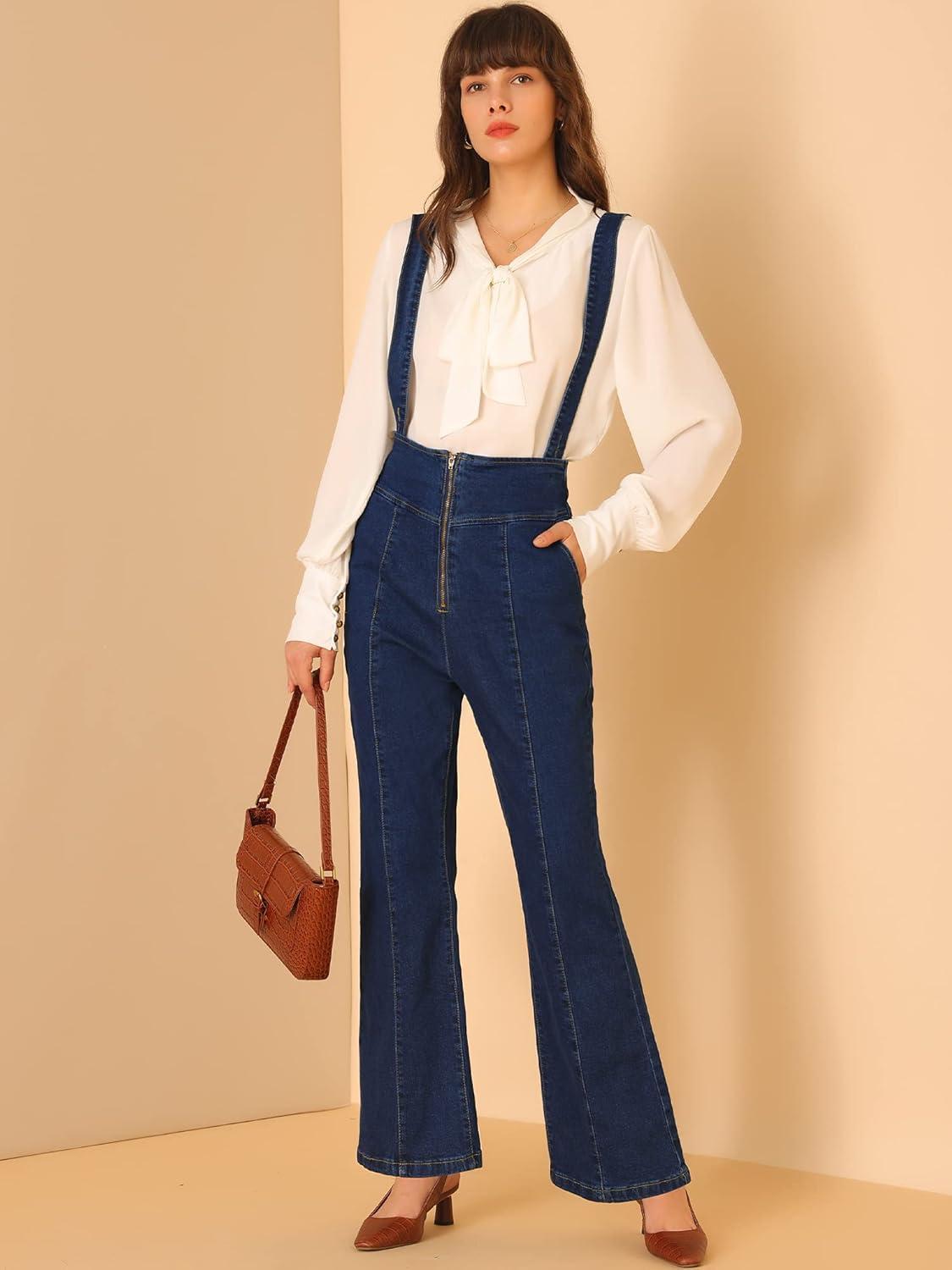 imageAllegra K Womens Bell Bottoms Overalls Long Vintage Flare Jeans Denim PantsDark Blue