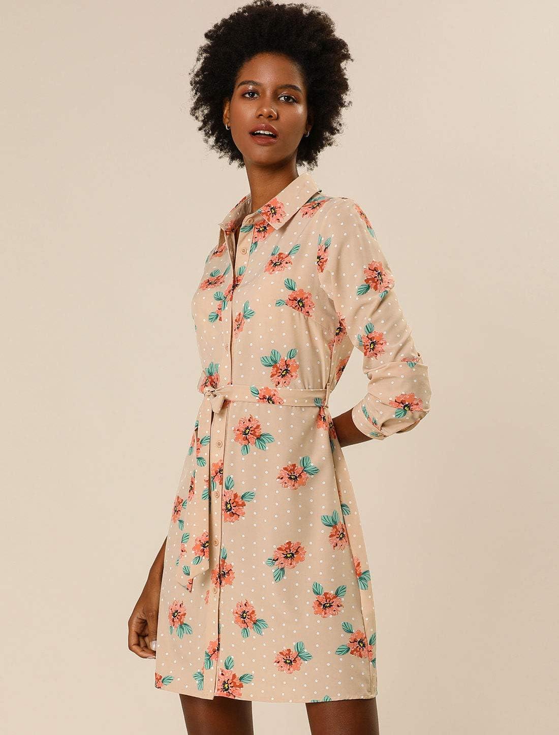 imageAllegra K Womens Button Down Vintage Polka Dots Dresses Collar Tie Belted Floral Shirt DressApricot