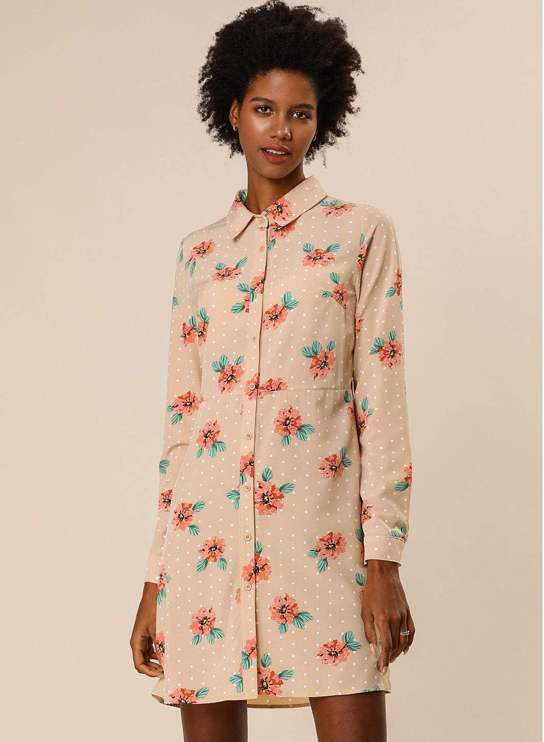 imageAllegra K Womens Button Down Vintage Polka Dots Dresses Collar Tie Belted Floral Shirt DressApricot