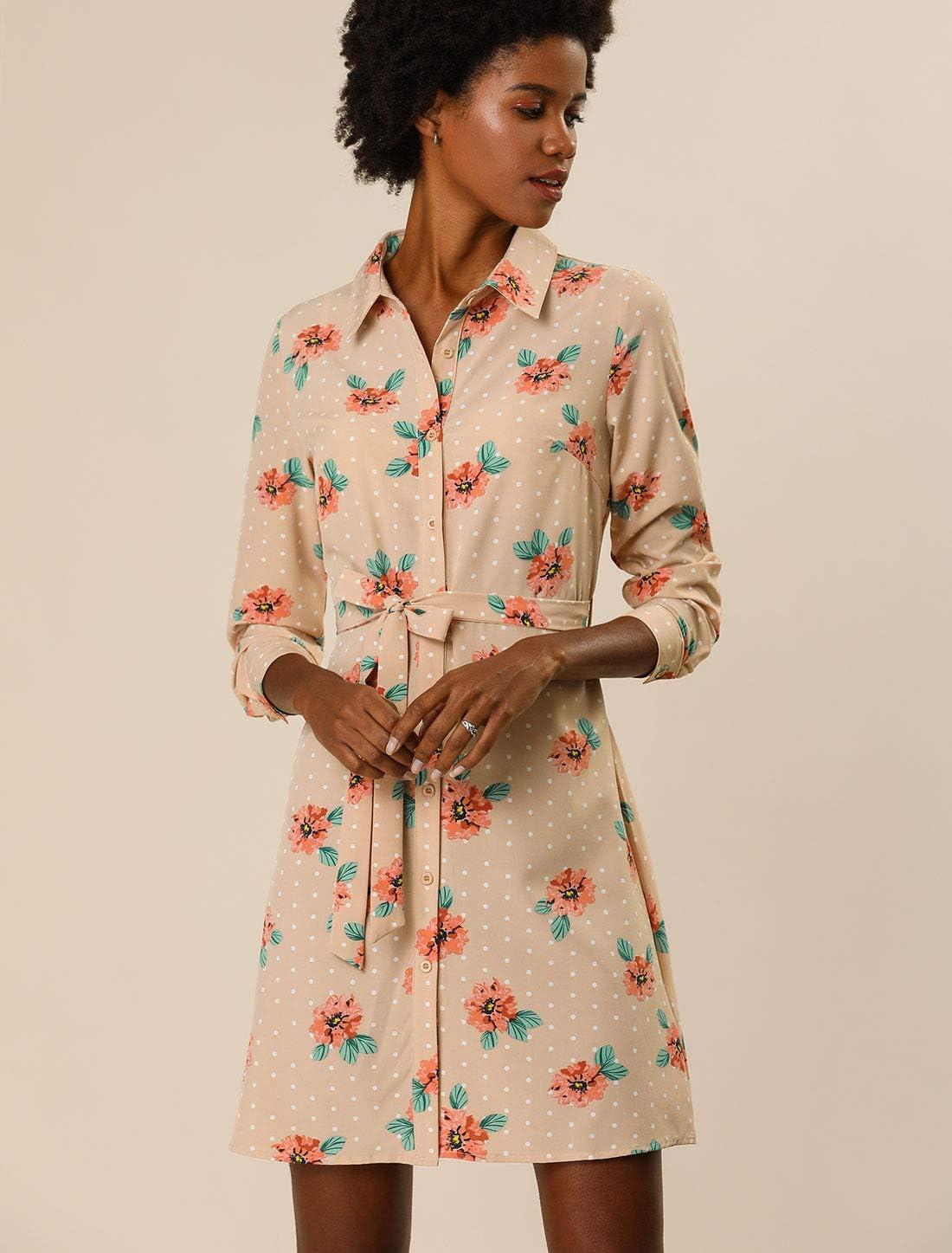imageAllegra K Womens Button Down Vintage Polka Dots Dresses Collar Tie Belted Floral Shirt DressApricot