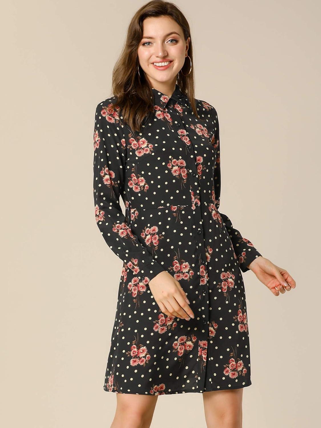 imageAllegra K Womens Button Down Vintage Polka Dots Dresses Collar Tie Belted Floral Shirt DressBlack Red