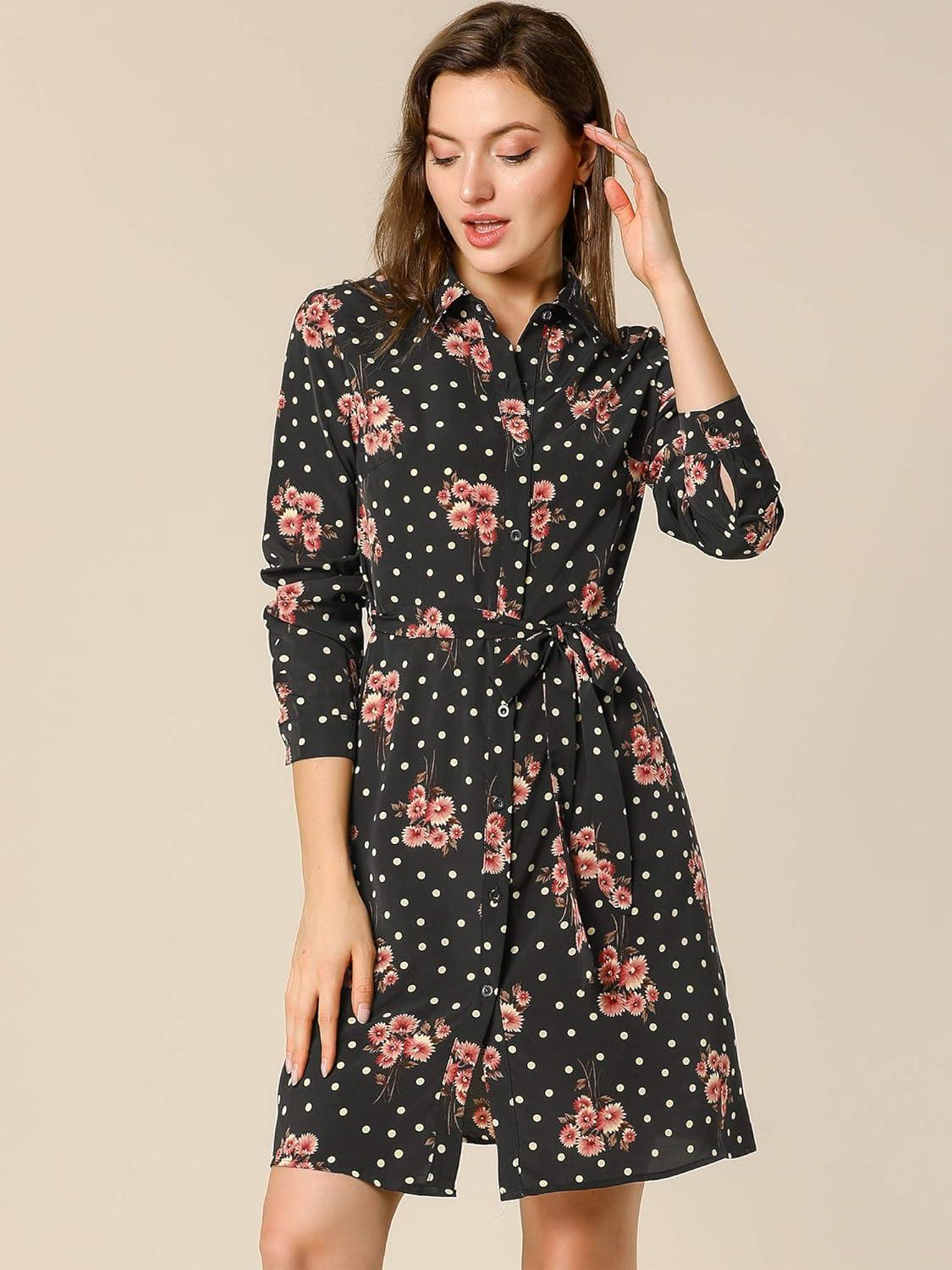 imageAllegra K Womens Button Down Vintage Polka Dots Dresses Collar Tie Belted Floral Shirt DressBlack Red