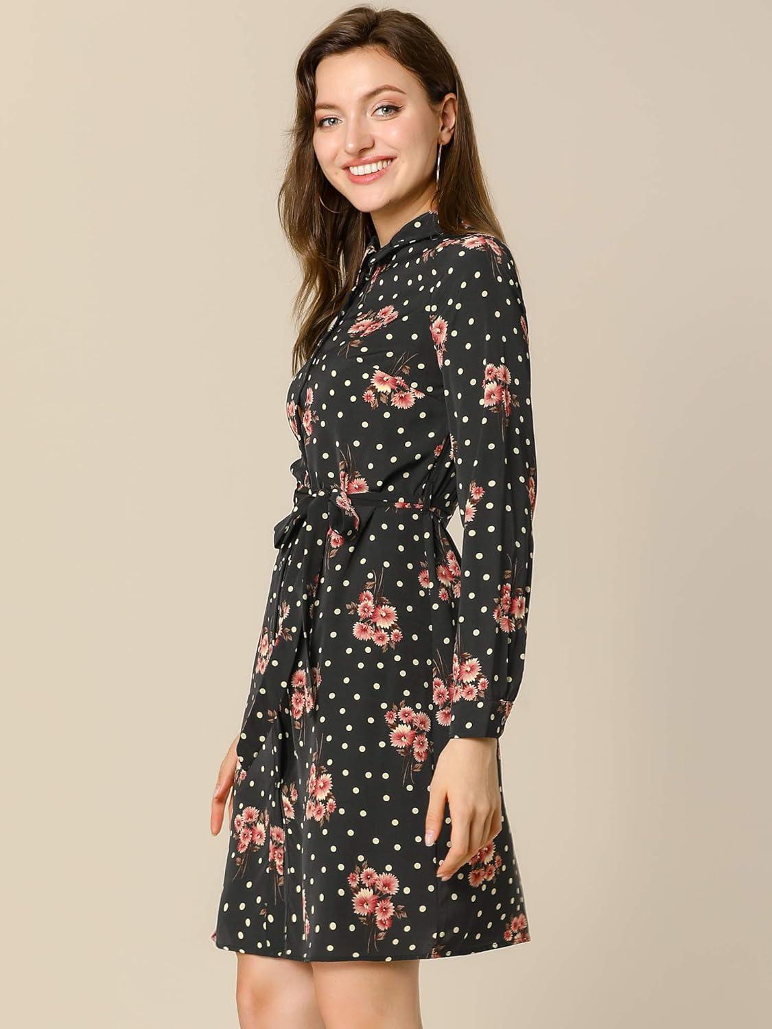 imageAllegra K Womens Button Down Vintage Polka Dots Dresses Collar Tie Belted Floral Shirt DressBlack Red