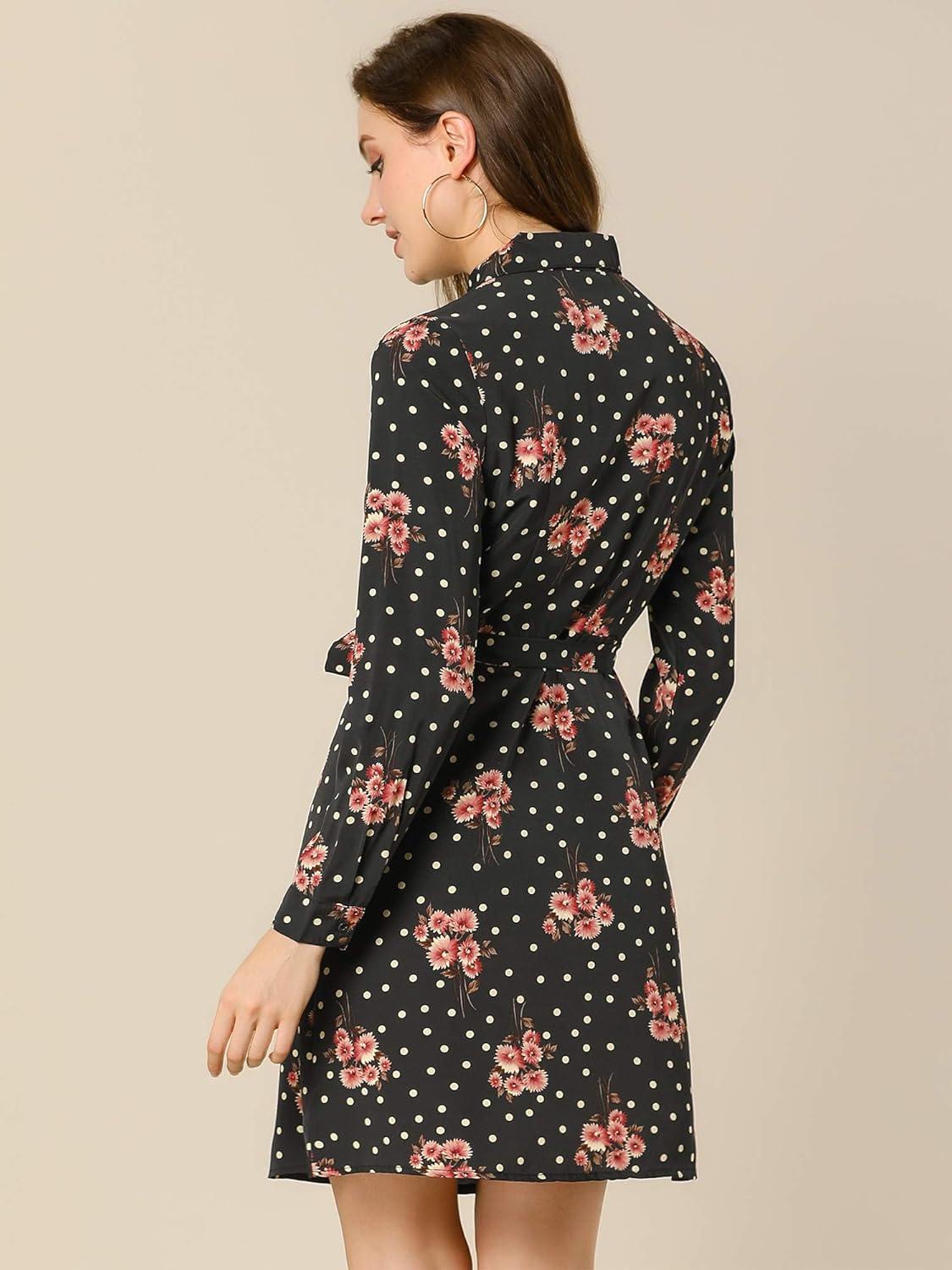 imageAllegra K Womens Button Down Vintage Polka Dots Dresses Collar Tie Belted Floral Shirt DressBlack Red