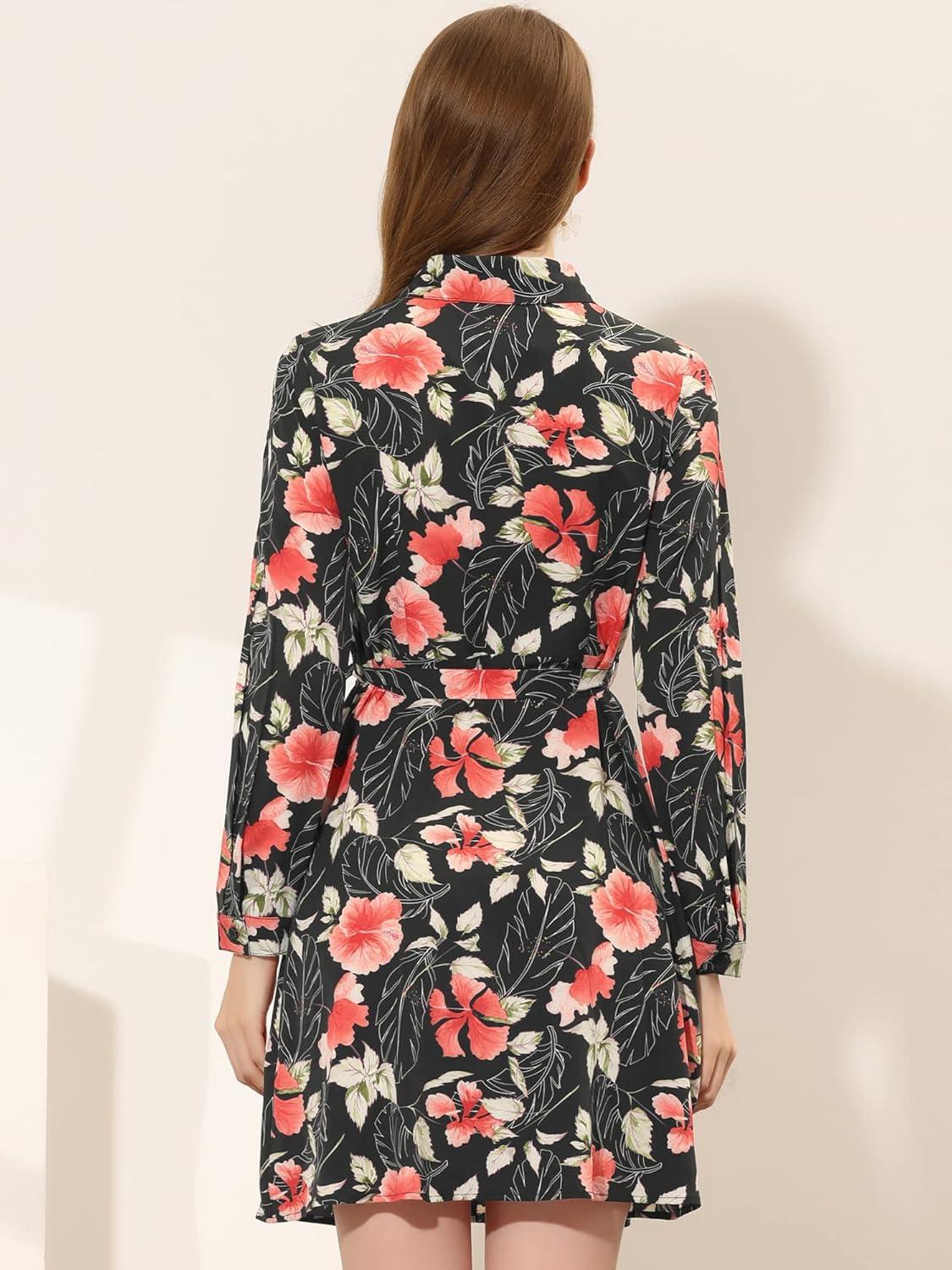 imageAllegra K Womens Button Down Vintage Polka Dots Dresses Collar Tie Belted Floral Shirt DressBlack Redflower
