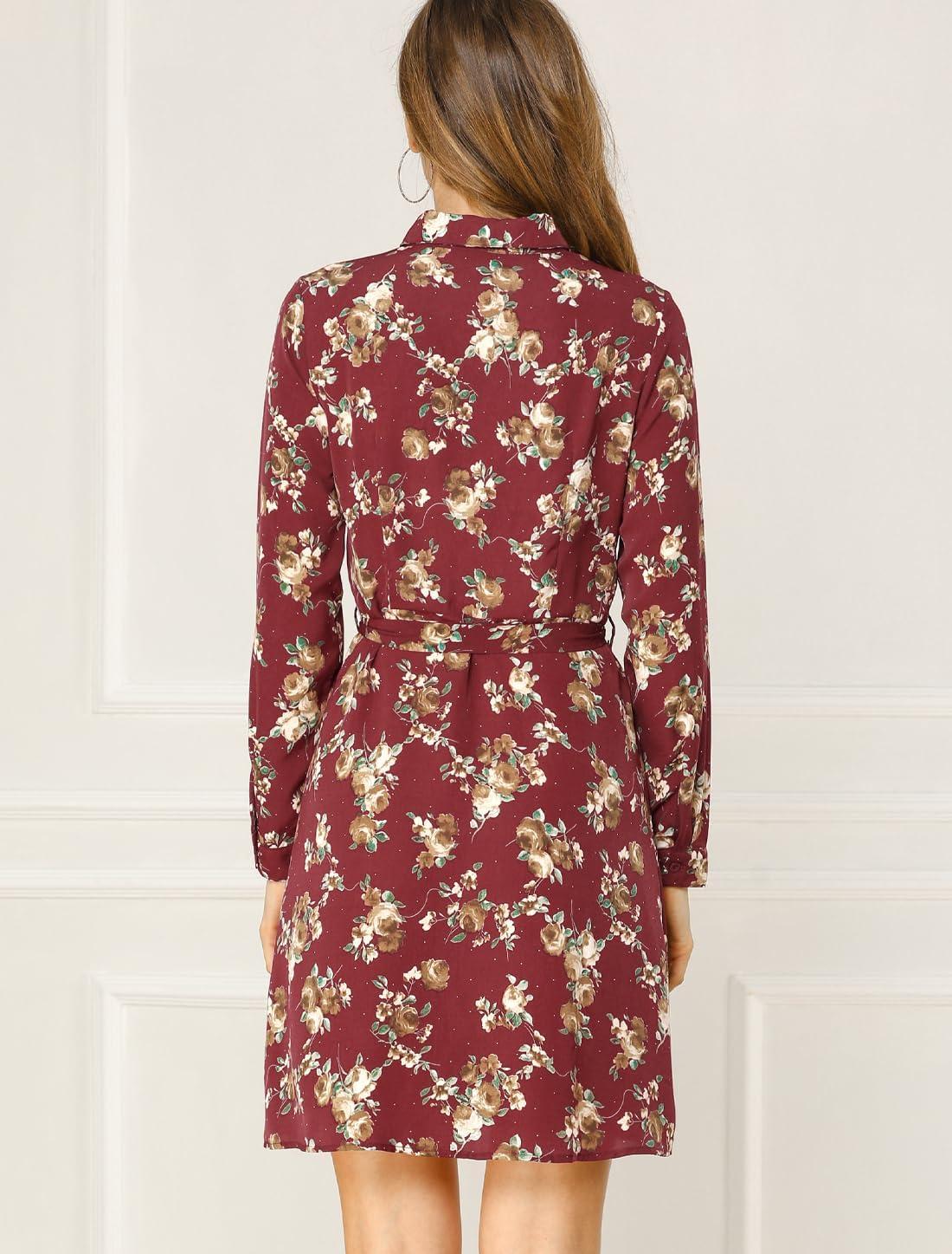 imageAllegra K Womens Button Down Vintage Polka Dots Dresses Collar Tie Belted Floral Shirt DressBurgundy