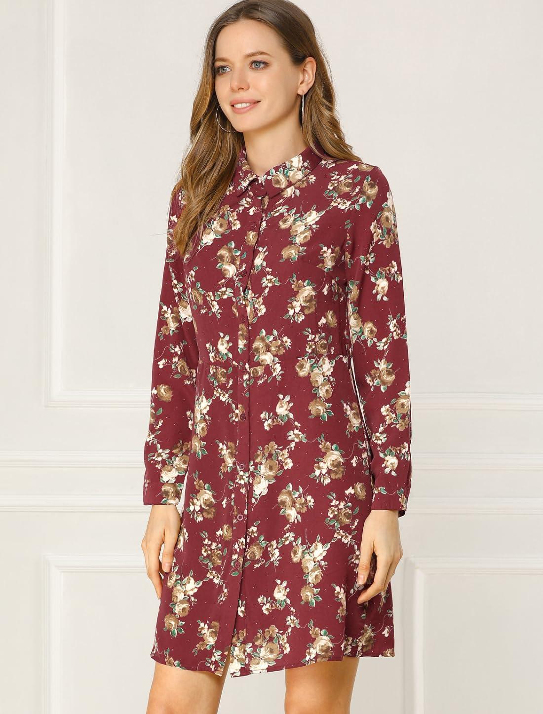 imageAllegra K Womens Button Down Vintage Polka Dots Dresses Collar Tie Belted Floral Shirt DressBurgundy