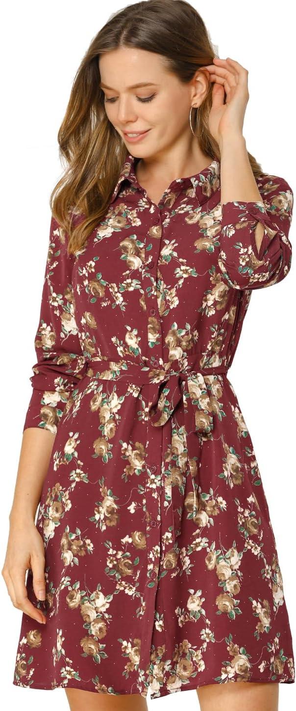 imageAllegra K Womens Button Down Vintage Polka Dots Dresses Collar Tie Belted Floral Shirt DressBurgundy