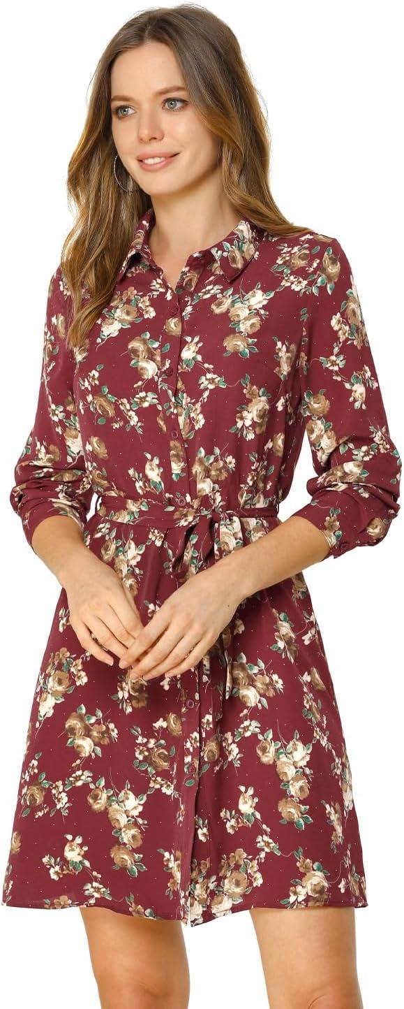 imageAllegra K Womens Button Down Vintage Polka Dots Dresses Collar Tie Belted Floral Shirt DressBurgundy