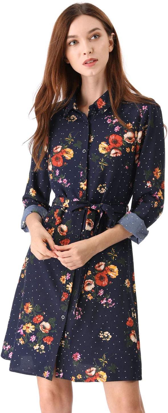 imageAllegra K Womens Button Down Vintage Polka Dots Dresses Collar Tie Belted Floral Shirt DressDark Blue