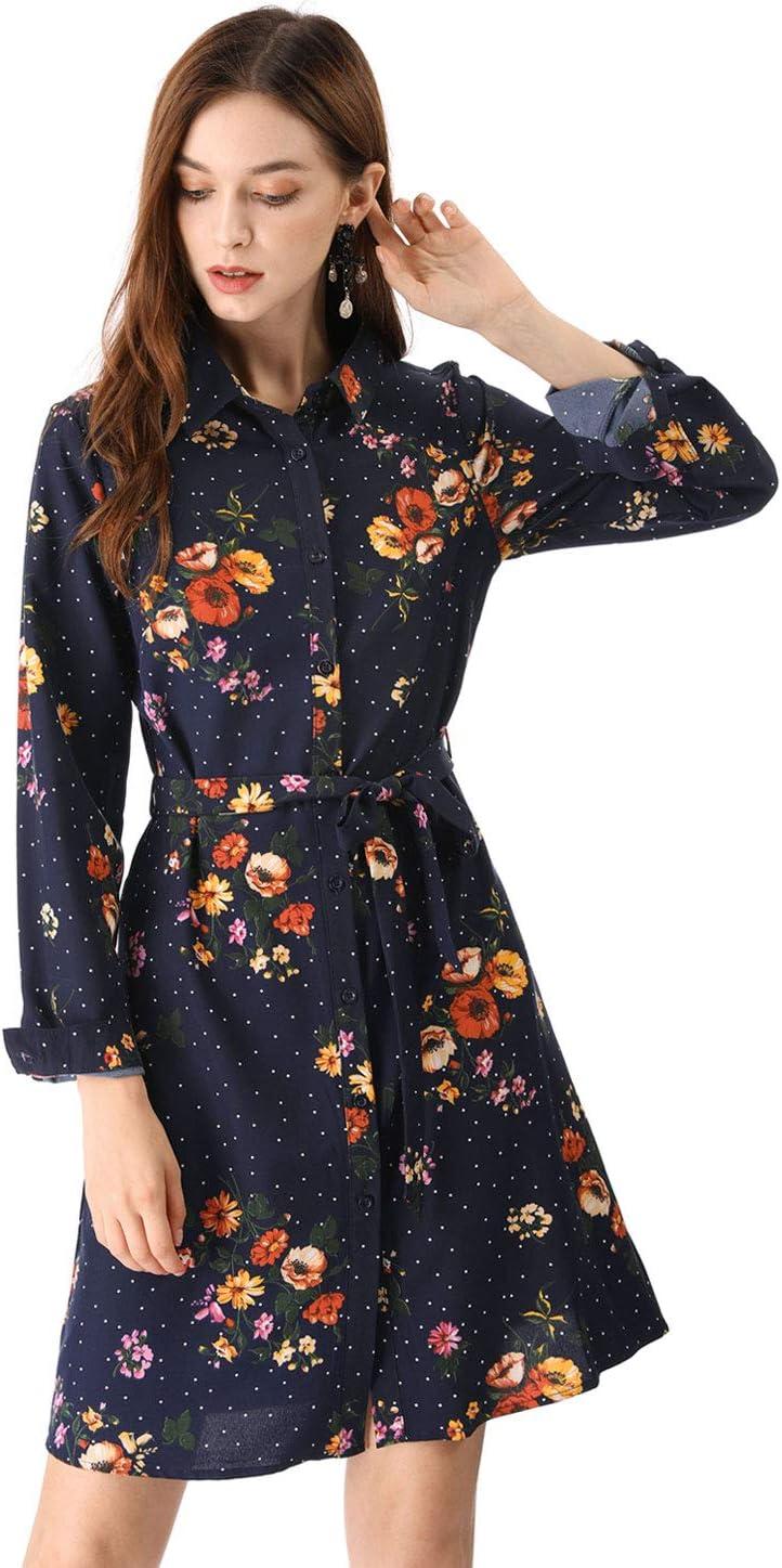 imageAllegra K Womens Button Down Vintage Polka Dots Dresses Collar Tie Belted Floral Shirt DressDark Blue