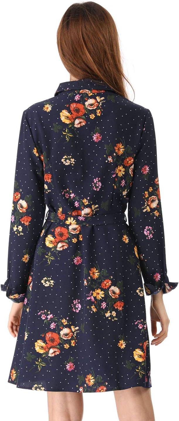 imageAllegra K Womens Button Down Vintage Polka Dots Dresses Collar Tie Belted Floral Shirt DressDark Blue