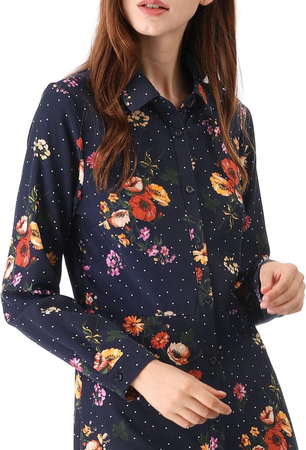 imageAllegra K Womens Button Down Vintage Polka Dots Dresses Collar Tie Belted Floral Shirt DressDark Blue