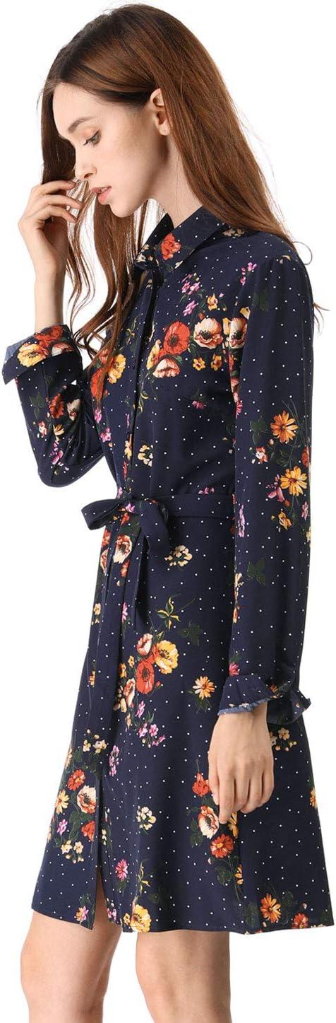imageAllegra K Womens Button Down Vintage Polka Dots Dresses Collar Tie Belted Floral Shirt DressDark Blue