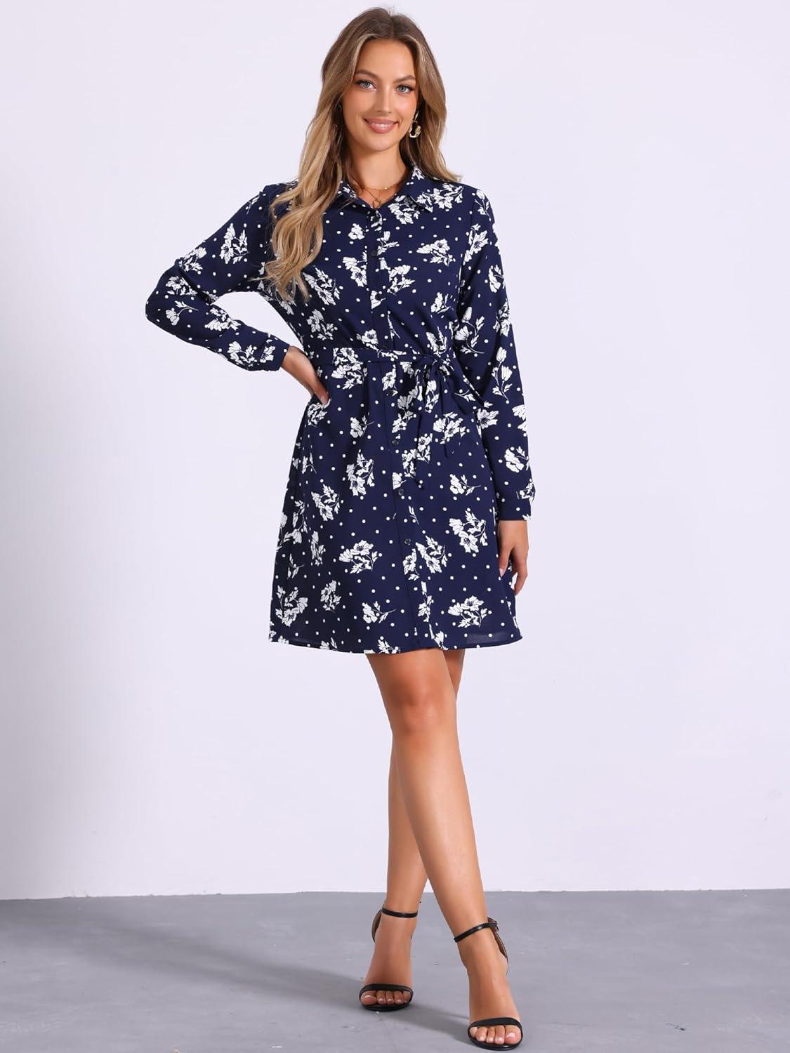 imageAllegra K Womens Button Down Vintage Polka Dots Dresses Collar Tie Belted Floral Shirt DressNavy Blue