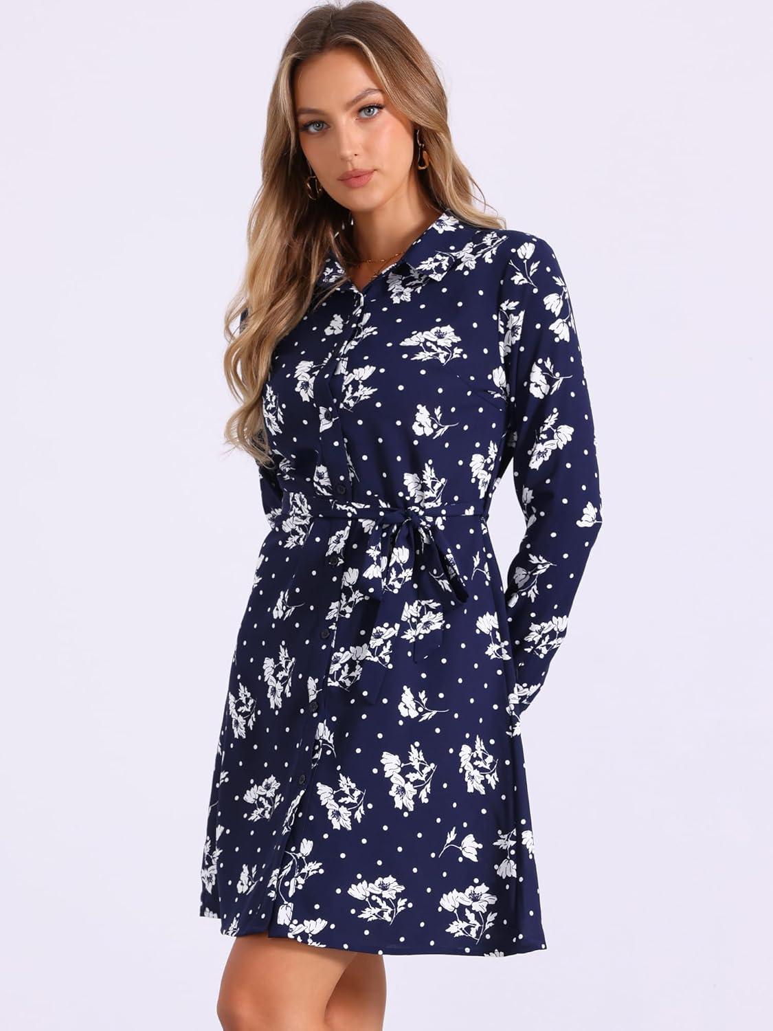 imageAllegra K Womens Button Down Vintage Polka Dots Dresses Collar Tie Belted Floral Shirt DressNavy Blue