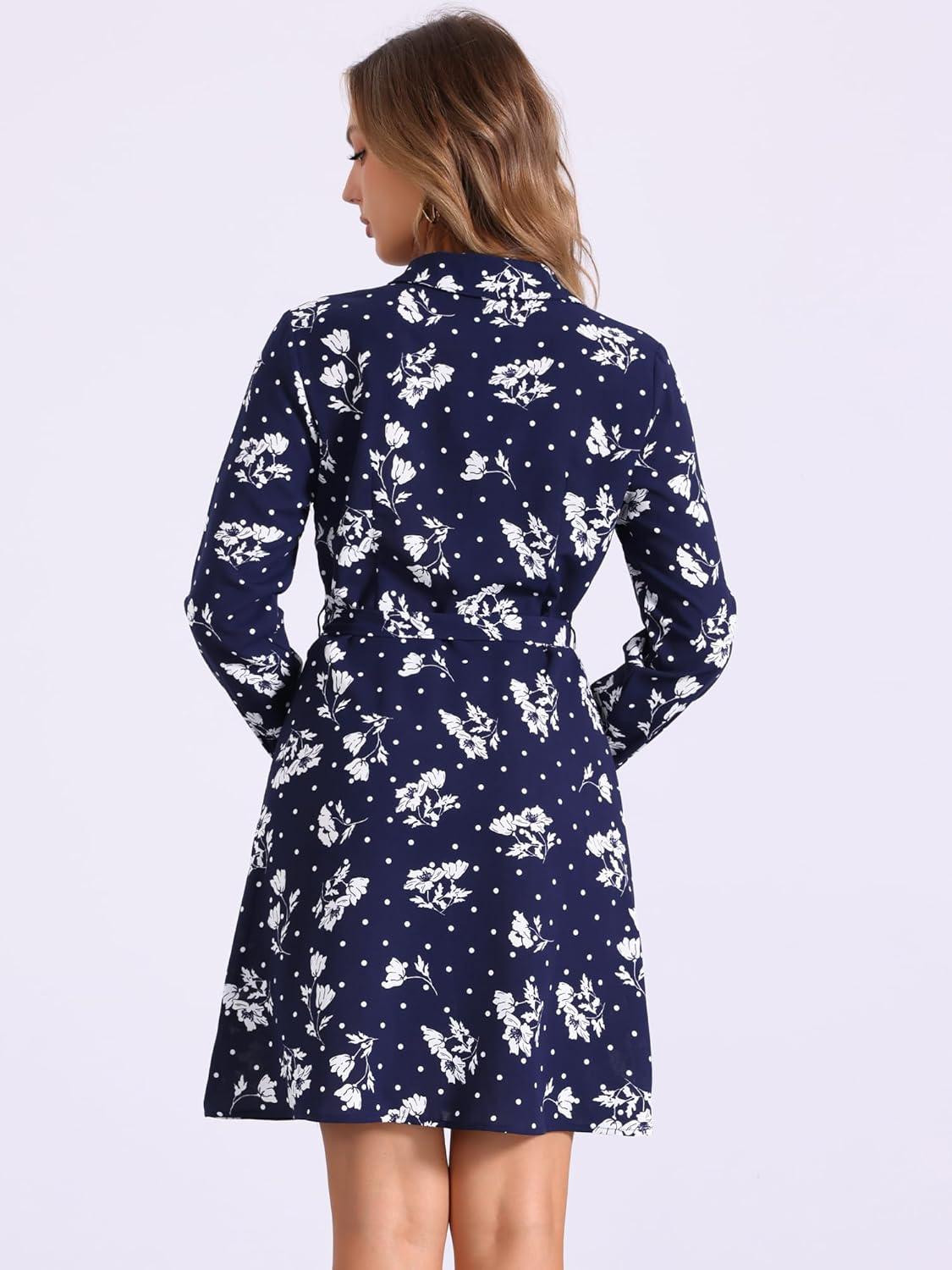 imageAllegra K Womens Button Down Vintage Polka Dots Dresses Collar Tie Belted Floral Shirt DressNavy Blue