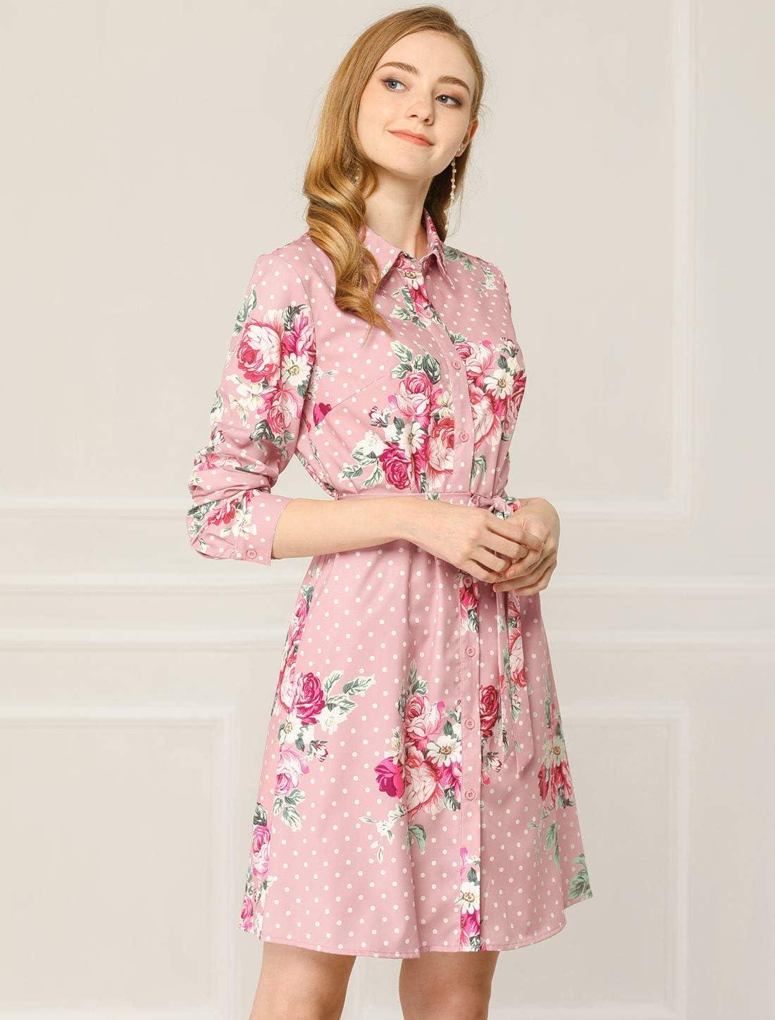 imageAllegra K Womens Button Down Vintage Polka Dots Dresses Collar Tie Belted Floral Shirt DressPink